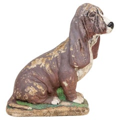 Vintage Cast Stone Blood Hound Dog Garden Ornament with Paint, Engand 1950s