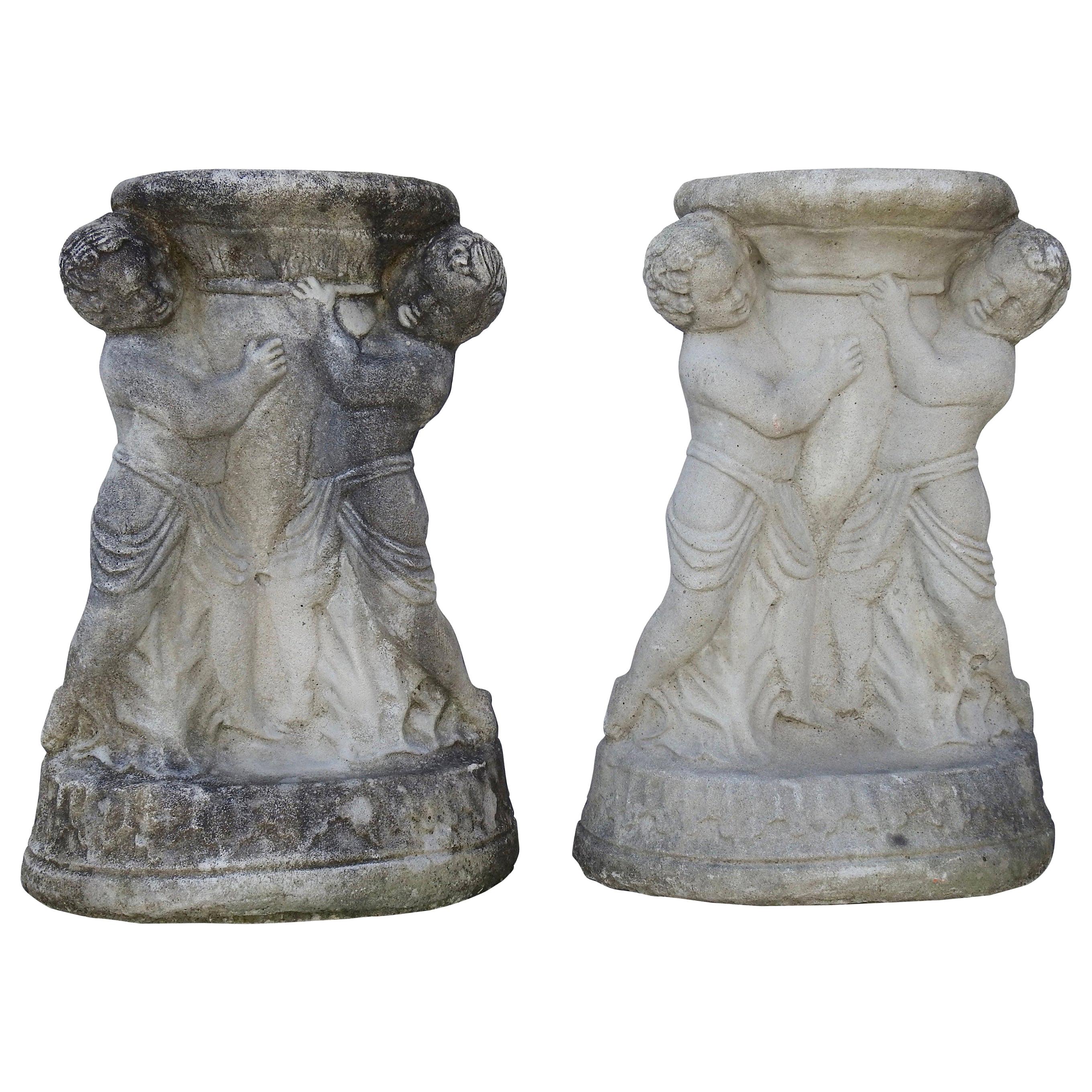 Cast Stone Cherub Pedestals Pair For Sale