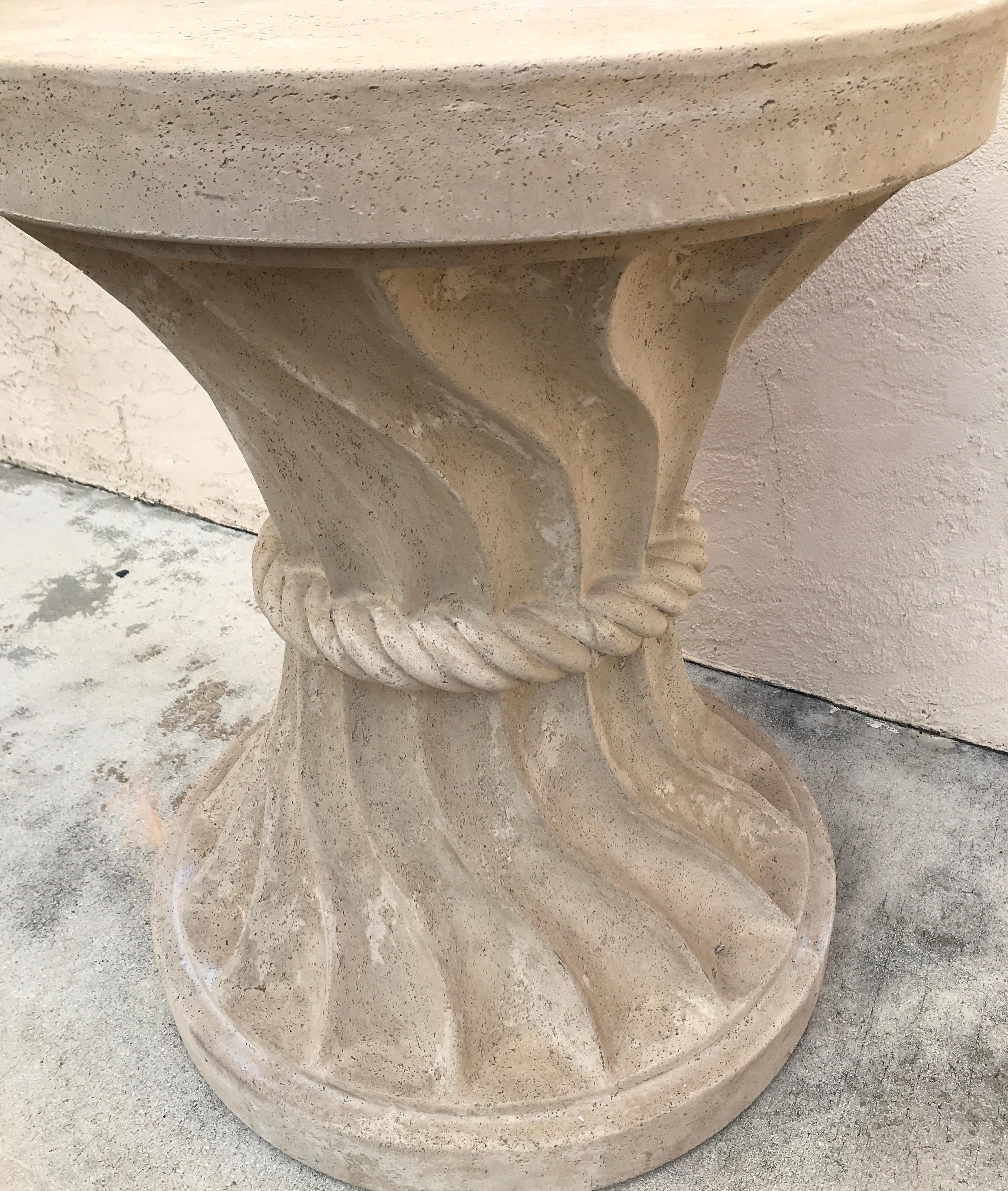 Round cast stone swirl and rope design table base. Can accommodate up to 60