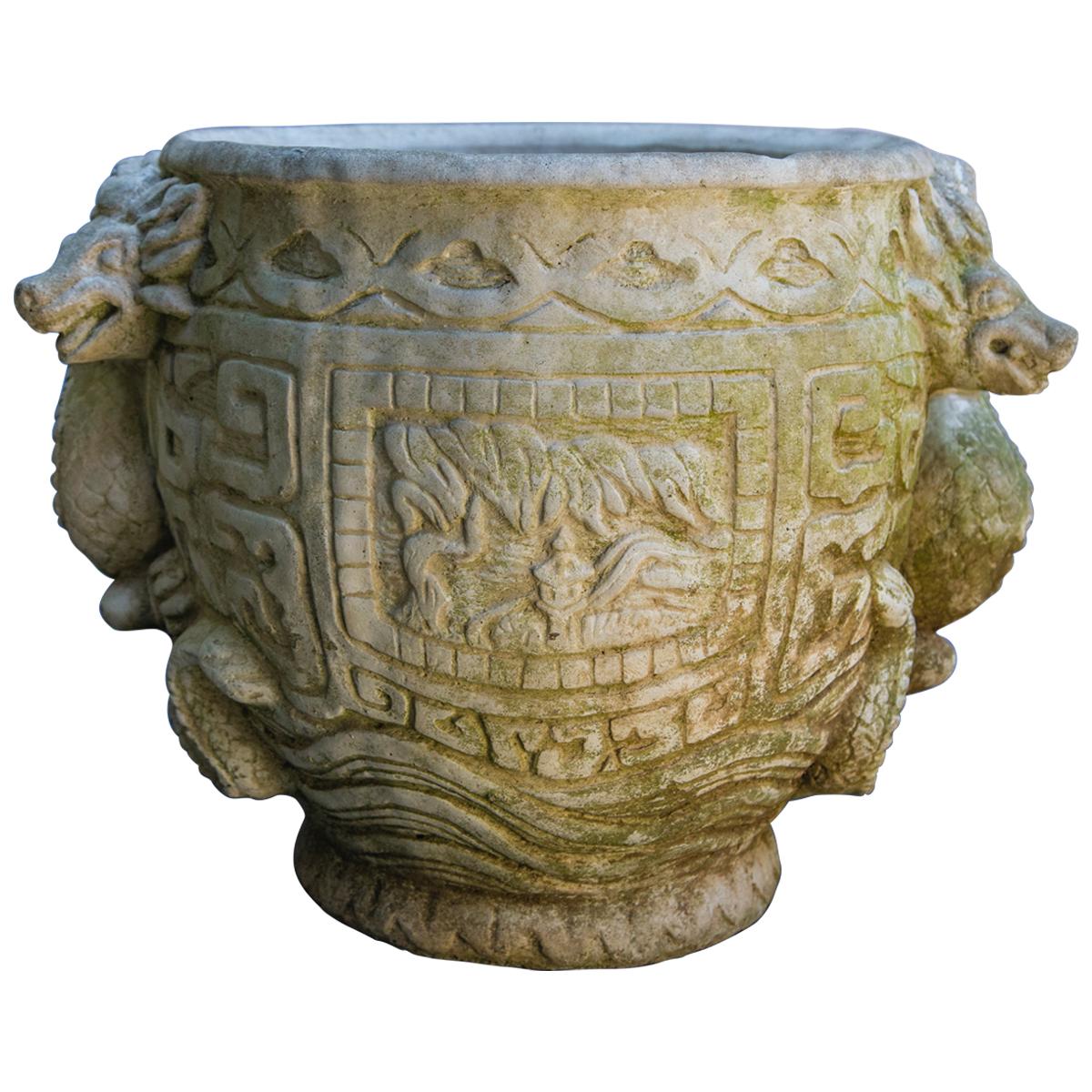 Cast Stone Dragon Decorated Planter For Sale