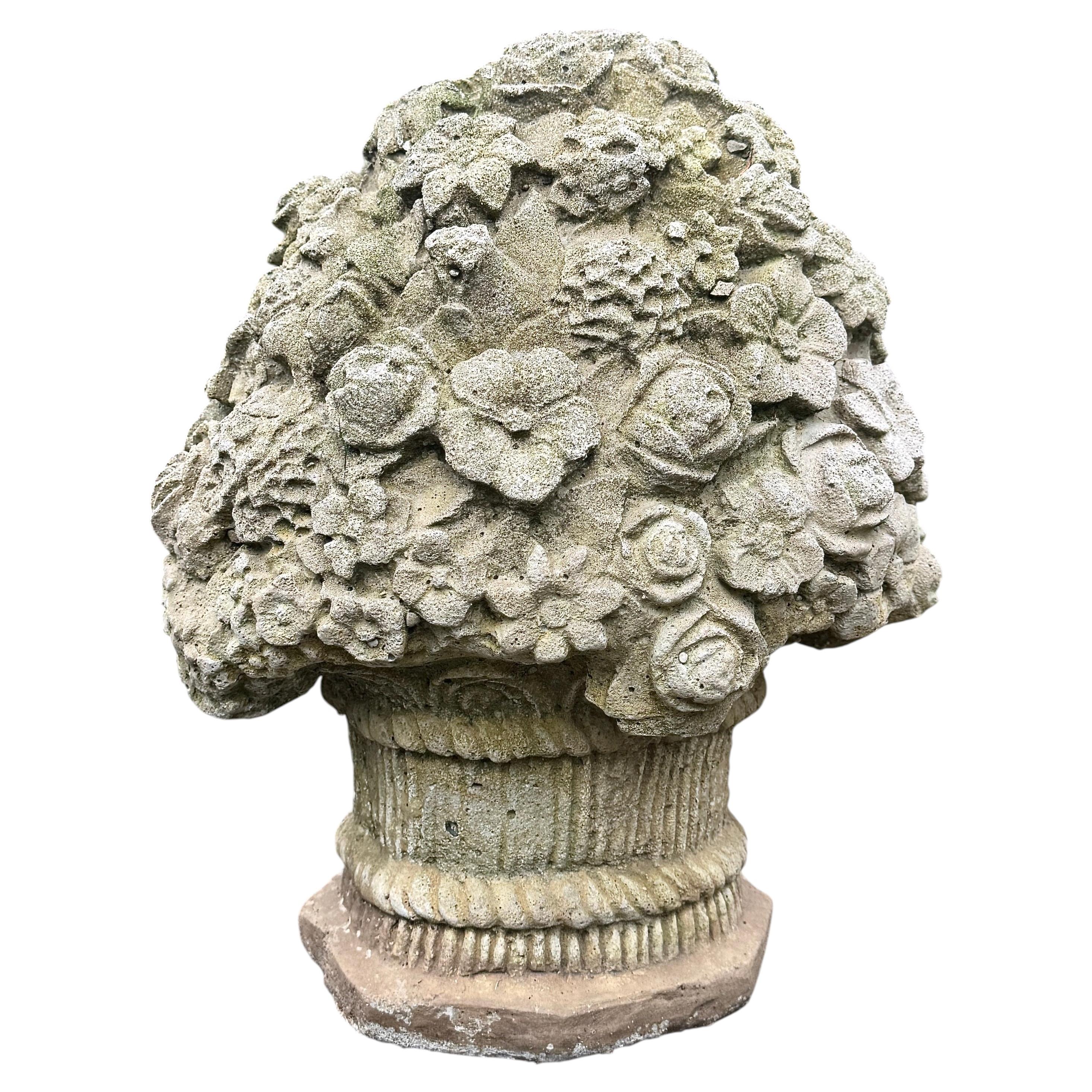 Cast Stone Floral Basket Sculpture Garden Ornament Mid 20th Century