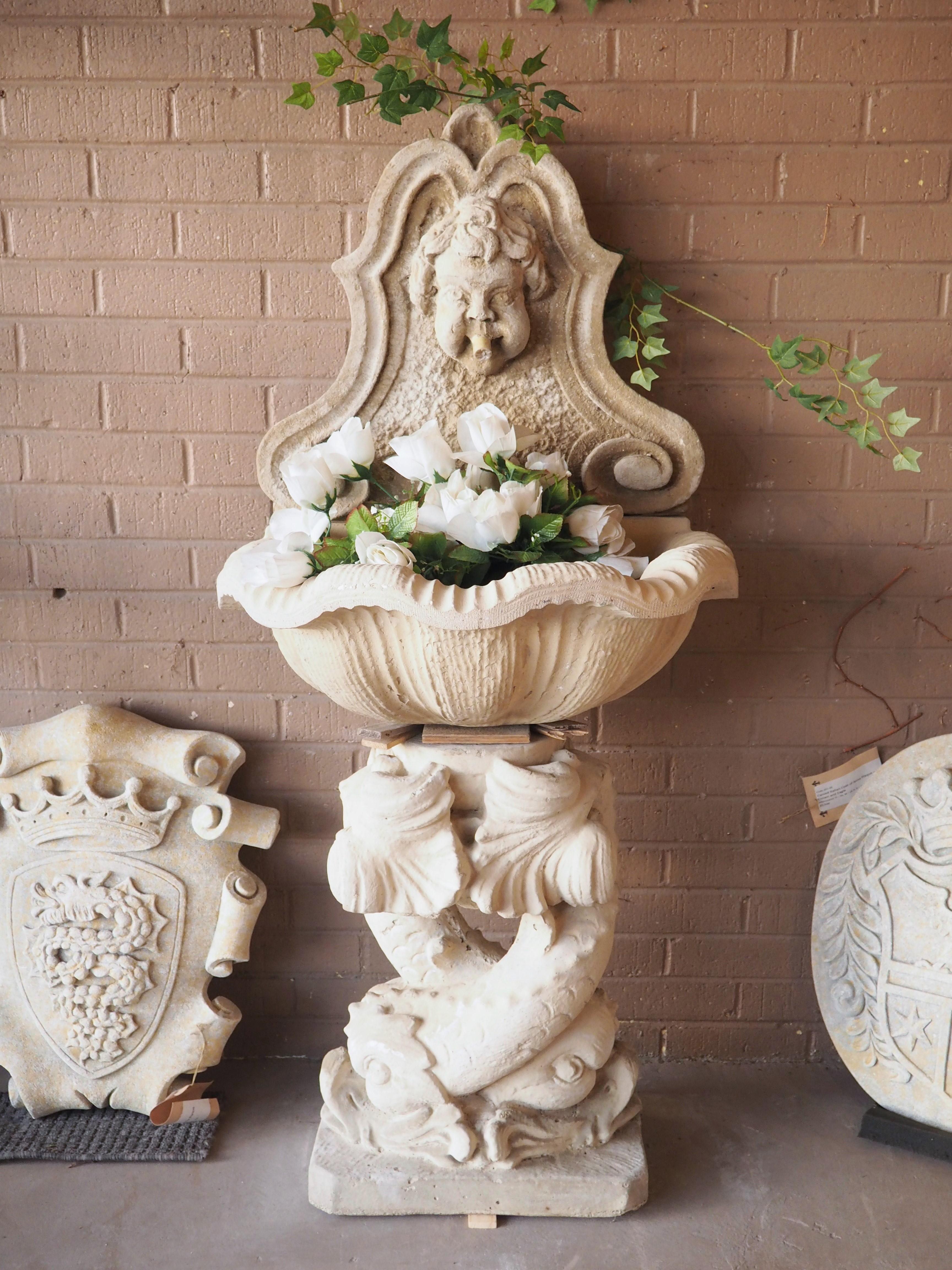Cast Stone French Wall Fountain with Putti and Dolphins For Sale 6