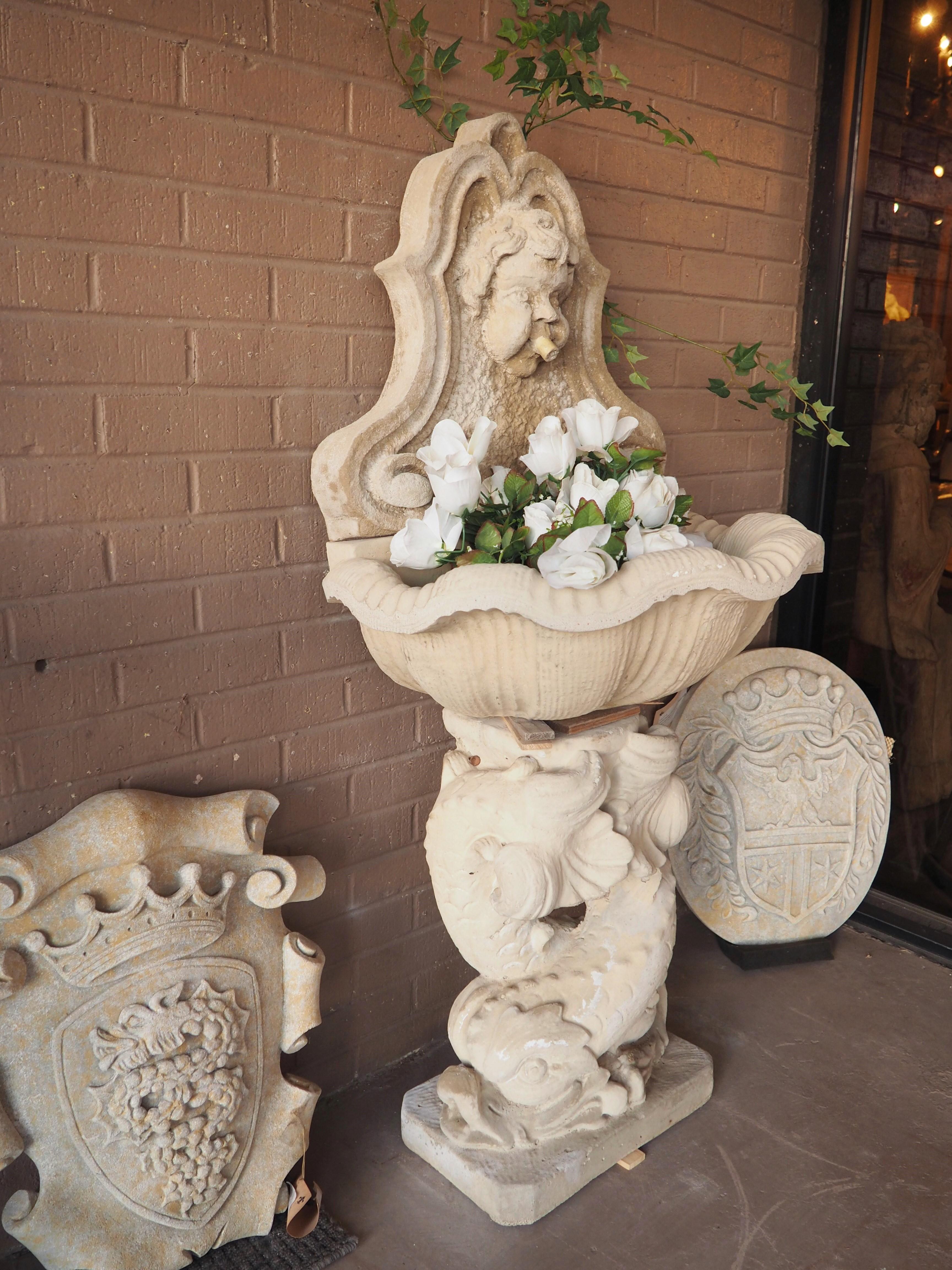 Contemporary Cast Stone French Wall Fountain with Putti and Dolphins For Sale