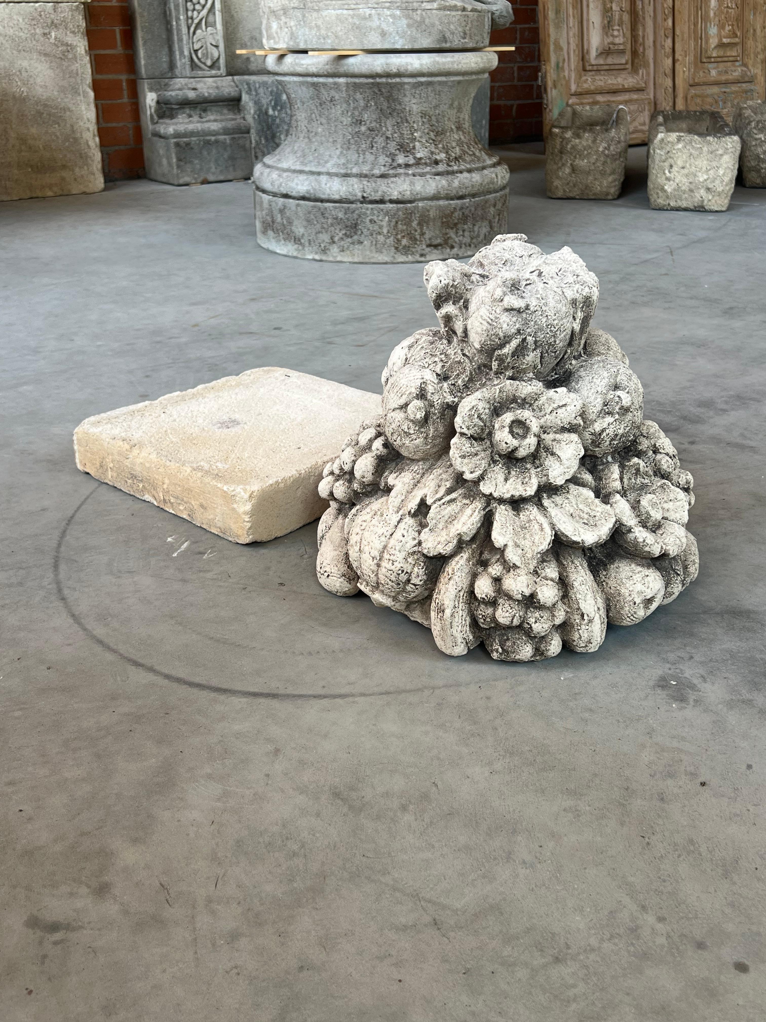 Cast Stone Fruit Bouquet Center Piece on Limestone Plinth For Sale 4