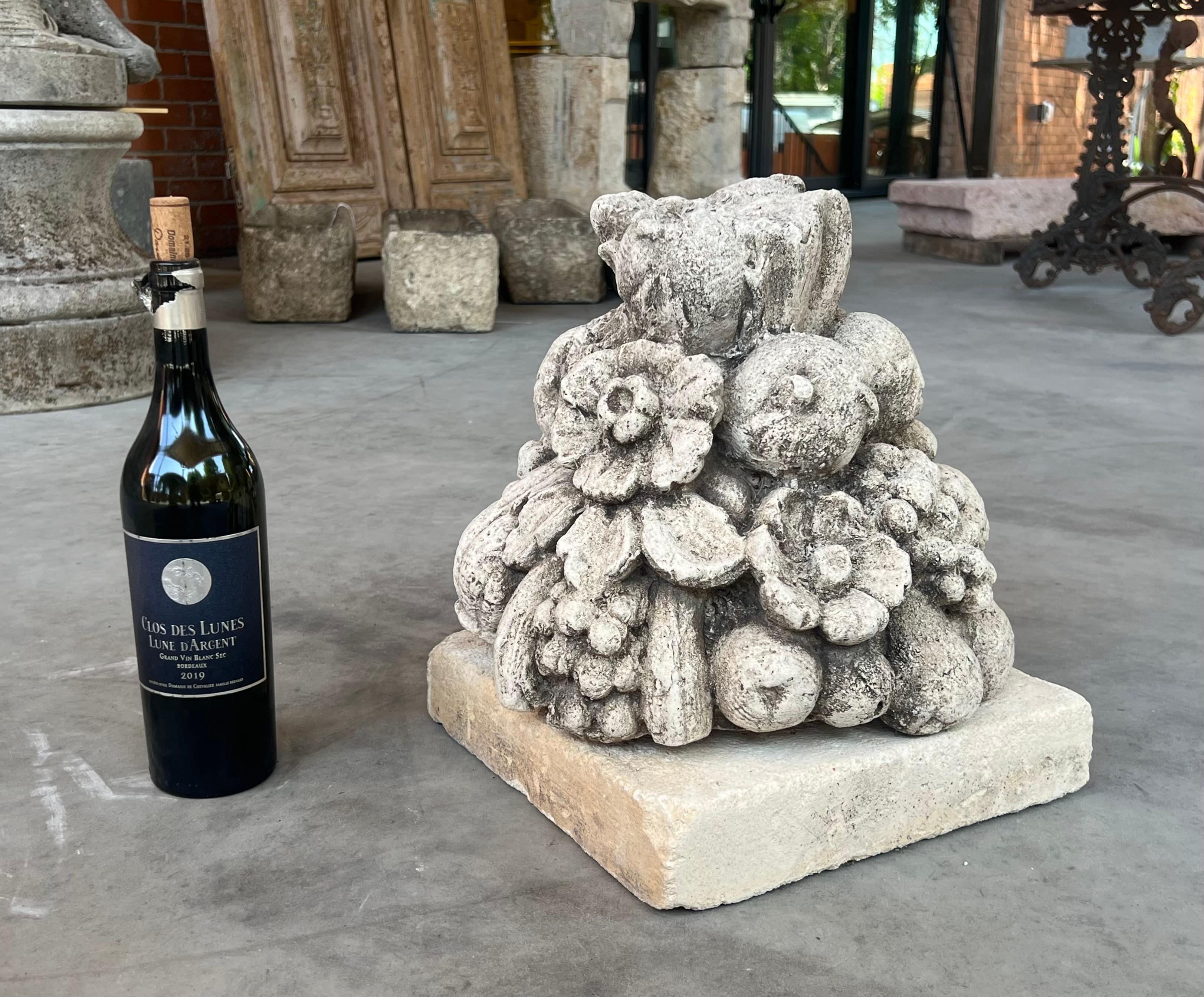 Cast Stone Fruit Bouquet Center Piece on Limestone Plinth For Sale 5