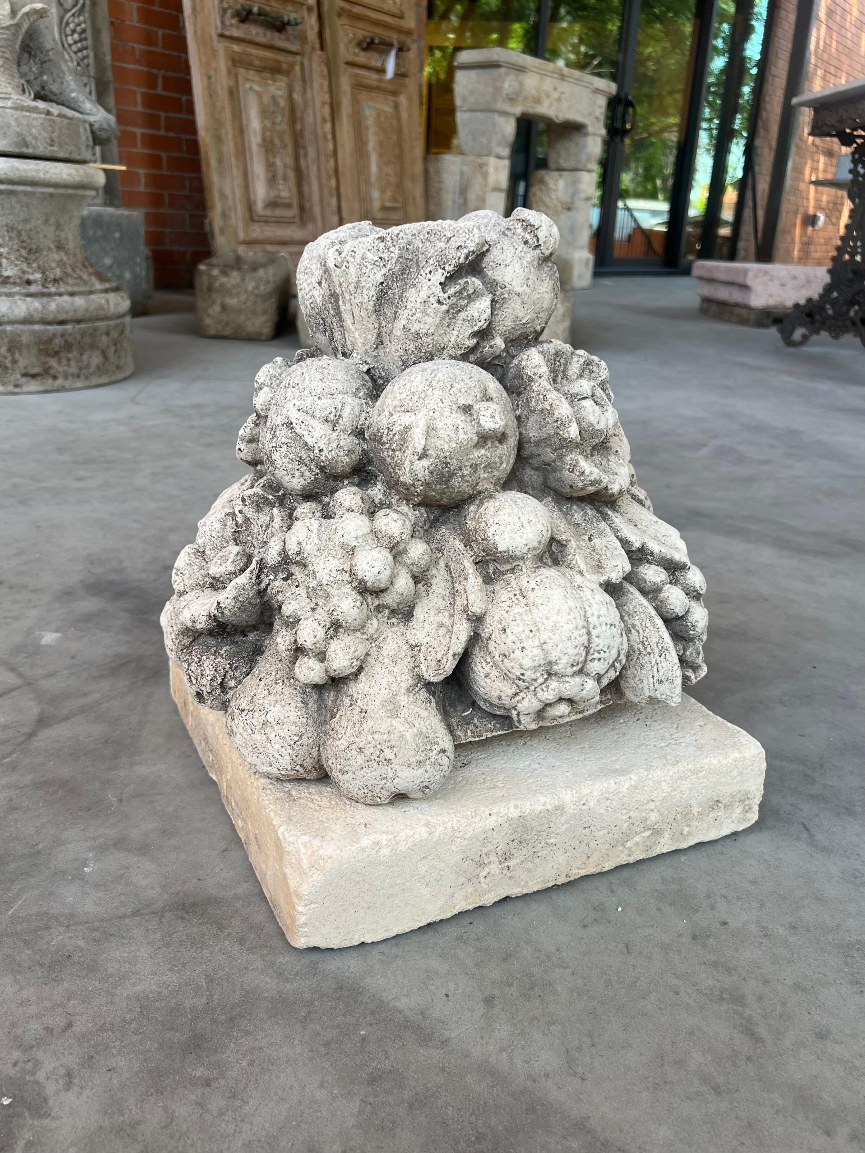 Cast Stone Fruit Bouquet Center Piece on Limestone Plinth For Sale 6