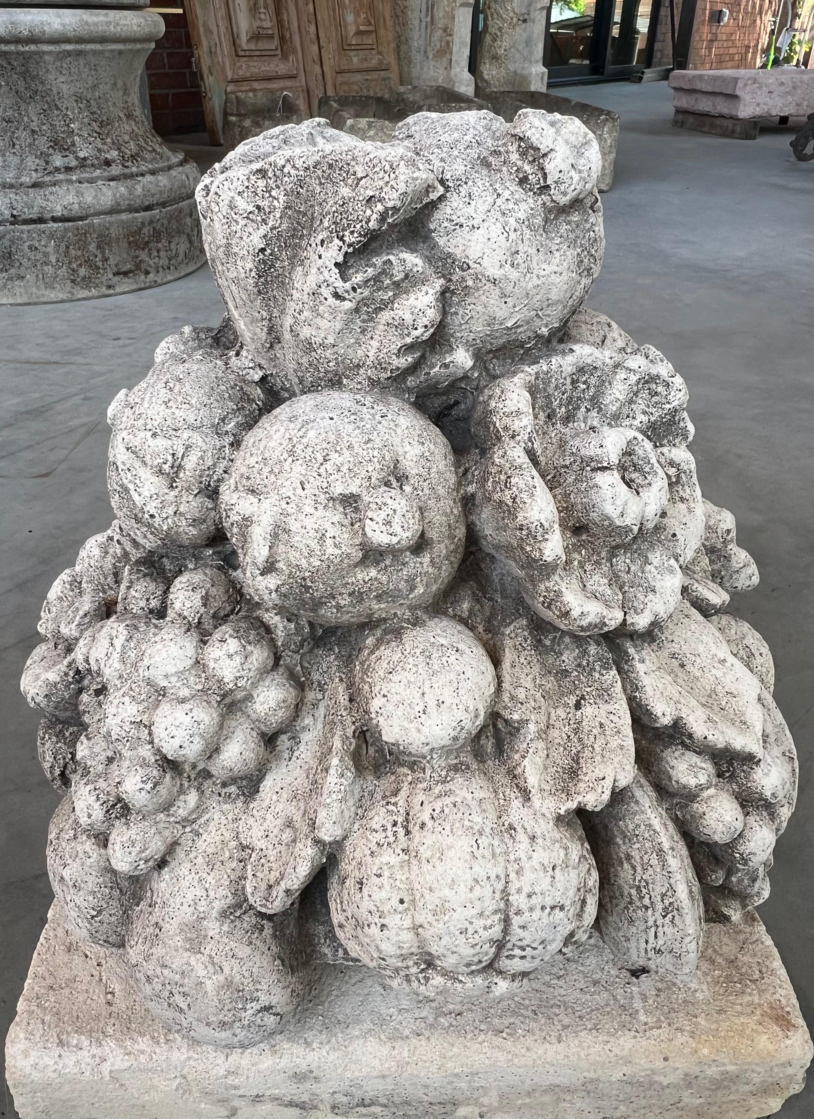 European Cast Stone Fruit Bouquet Center Piece on Limestone Plinth For Sale
