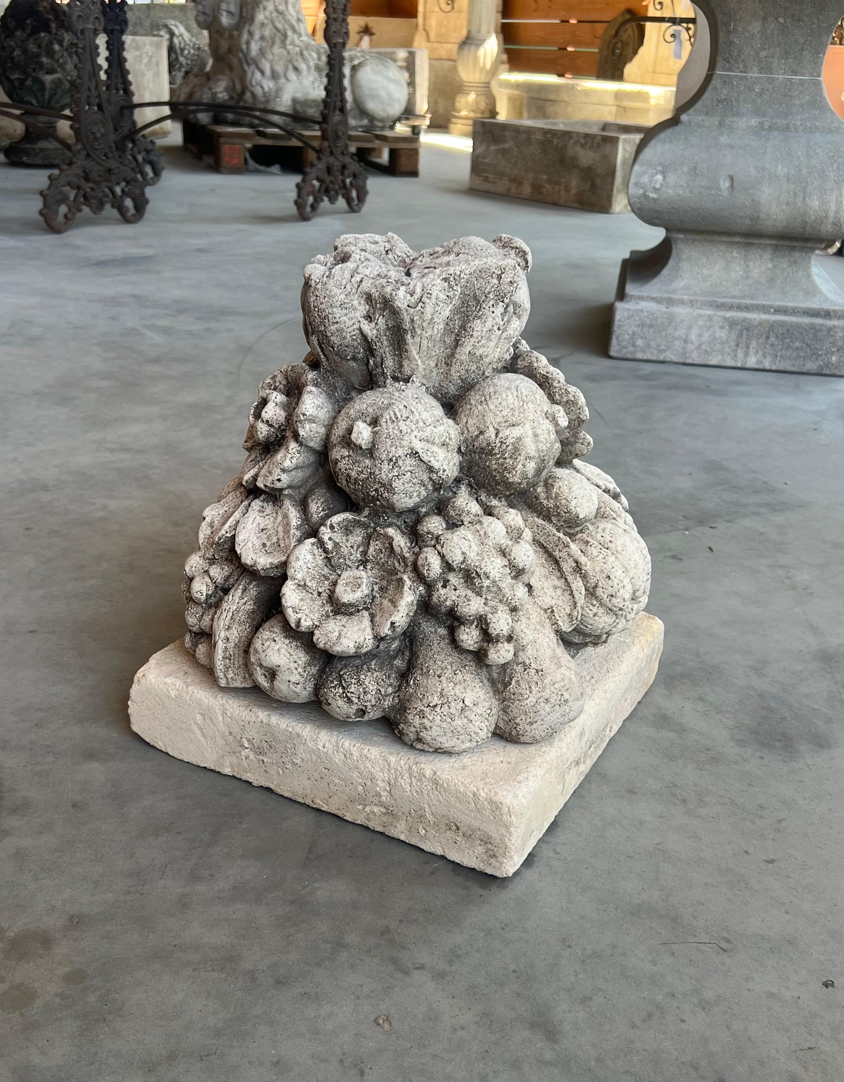 Cast Stone Fruit Bouquet Center Piece on Limestone Plinth In Good Condition For Sale In Dallas, TX