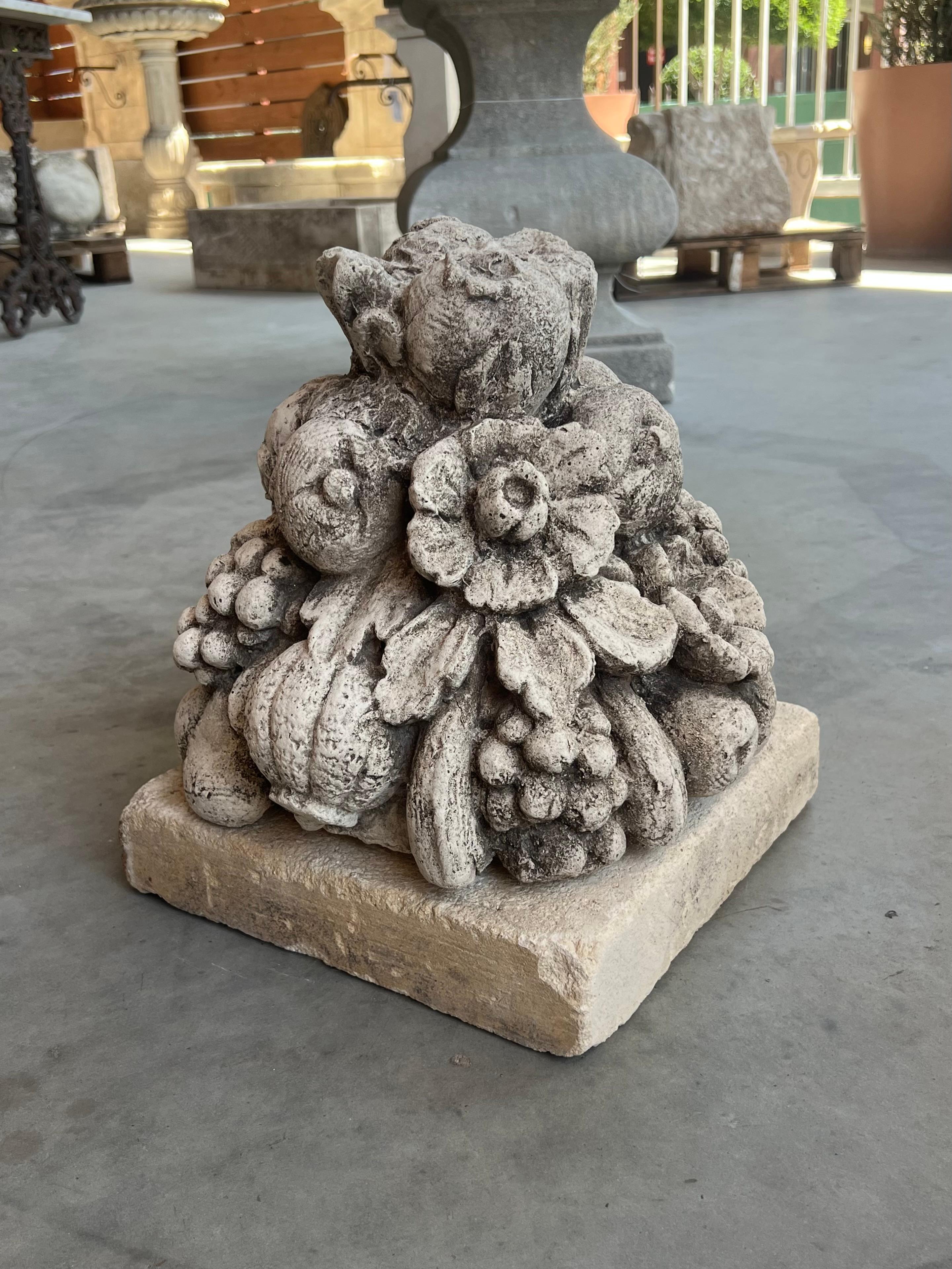 Contemporary Cast Stone Fruit Bouquet Center Piece on Limestone Plinth For Sale