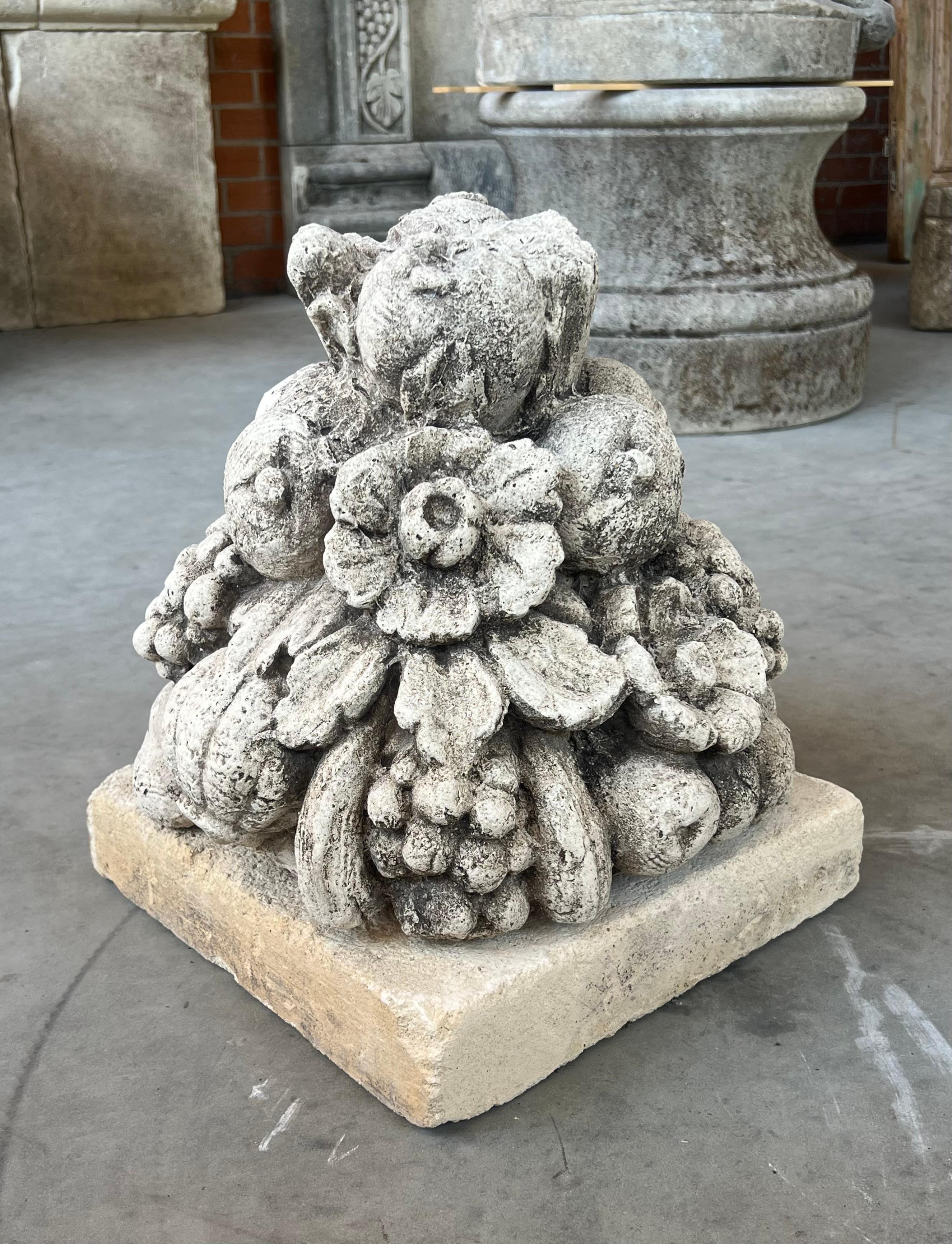 Cast Stone Fruit Bouquet Center Piece on Limestone Plinth For Sale 3