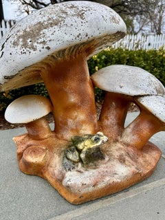Cast Stone Mushroom Garden Sculpture with Frog, Toadstool Form Late 20th Century