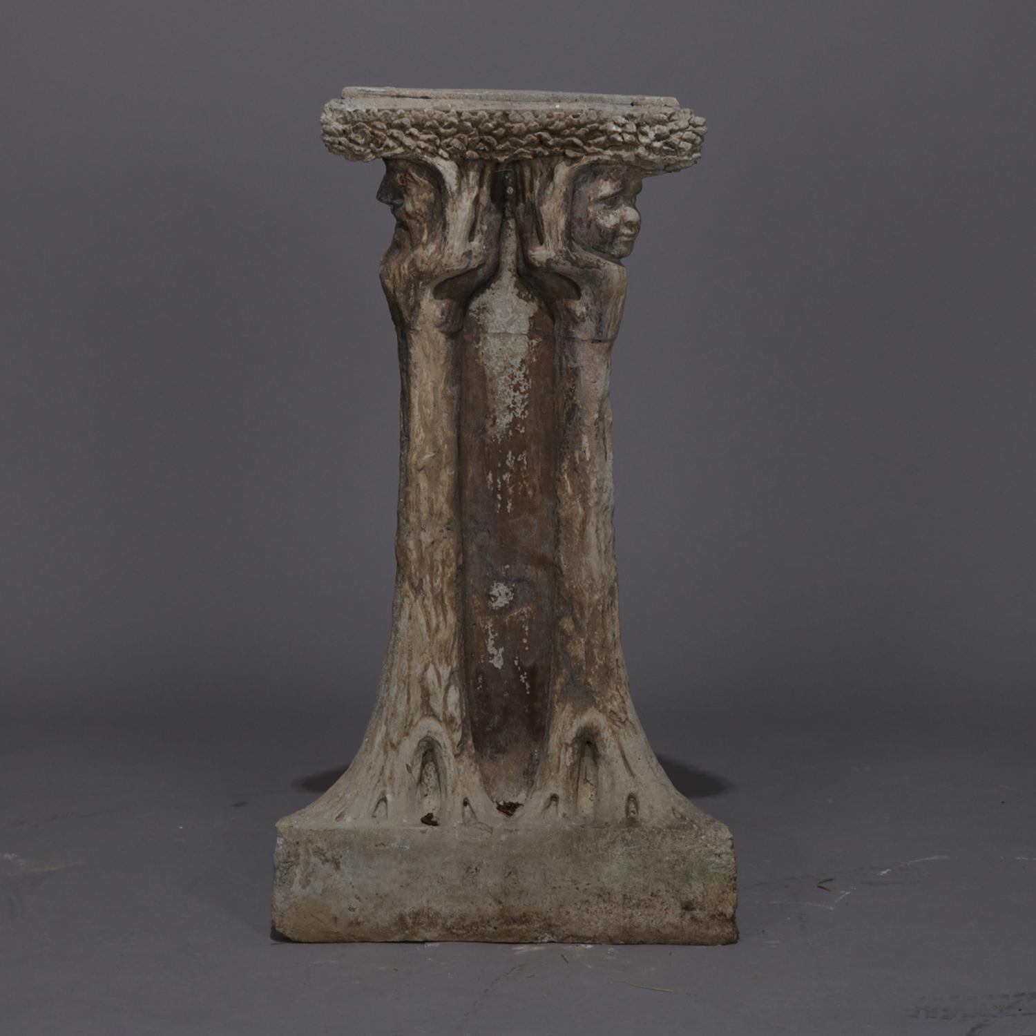 Cast Stone Naturalist Sundial Pedestal with Stylized Gothic Figures In Good Condition In Big Flats, NY