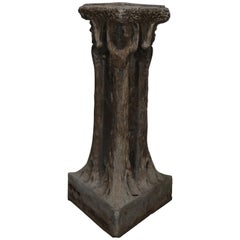 Vintage Cast Stone Naturalist Sundial Pedestal with Stylized Gothic Figures