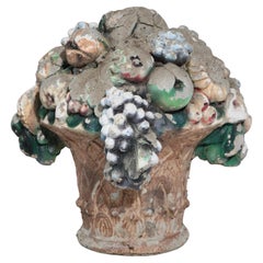 Cast Stone Polychrome Flower Basket Outdoor Garden Sculpture