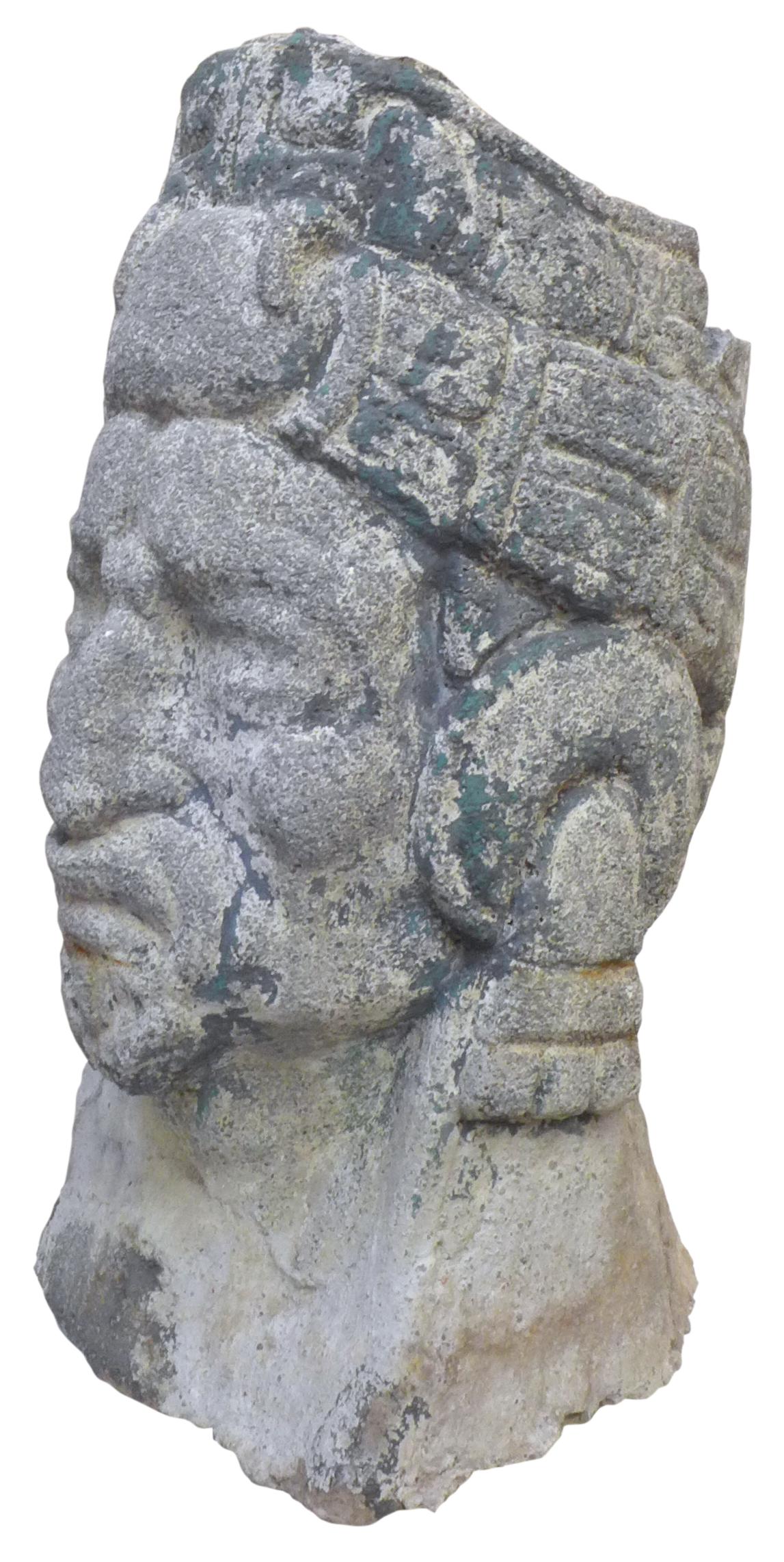 A wonderful cast stone Pre-Columbian bust planter. Great scale and execution, beautifully rendered with ethnographic details all around. Powerful presence; structurally strong with desired wear and loss from years of life outdoors. Retains sparse