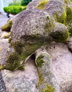 Cast Stone Recumbent Dog Garden Statue with Moss Patina, Mid 20th Century