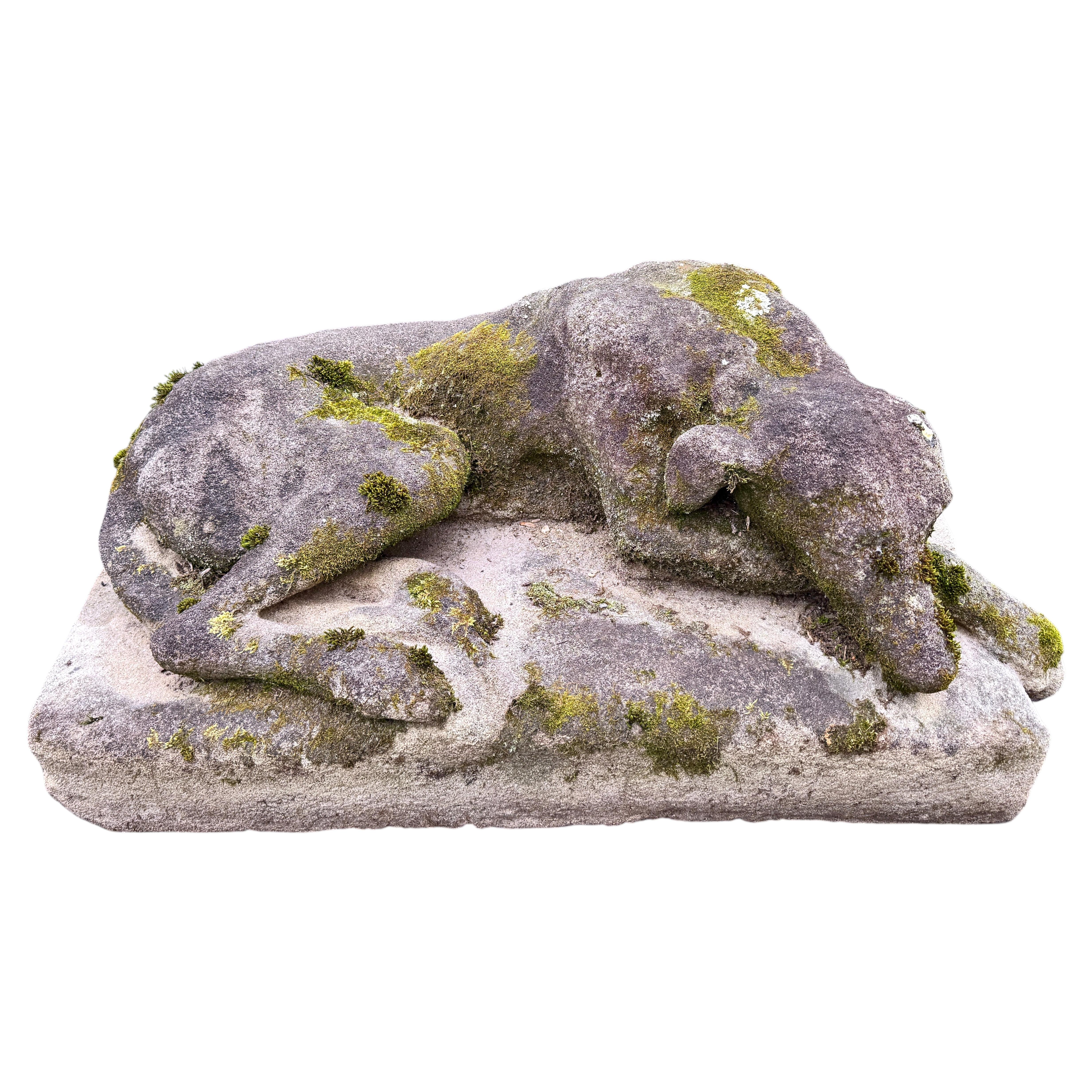 Cast Stone Recumbent Dog Garden Statue with Moss Patina, Mid 20th Century