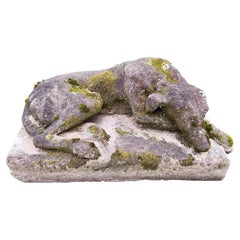 Cast Stone Recumbent Dog Garden Statue with Moss Patina, Mid 20th Century