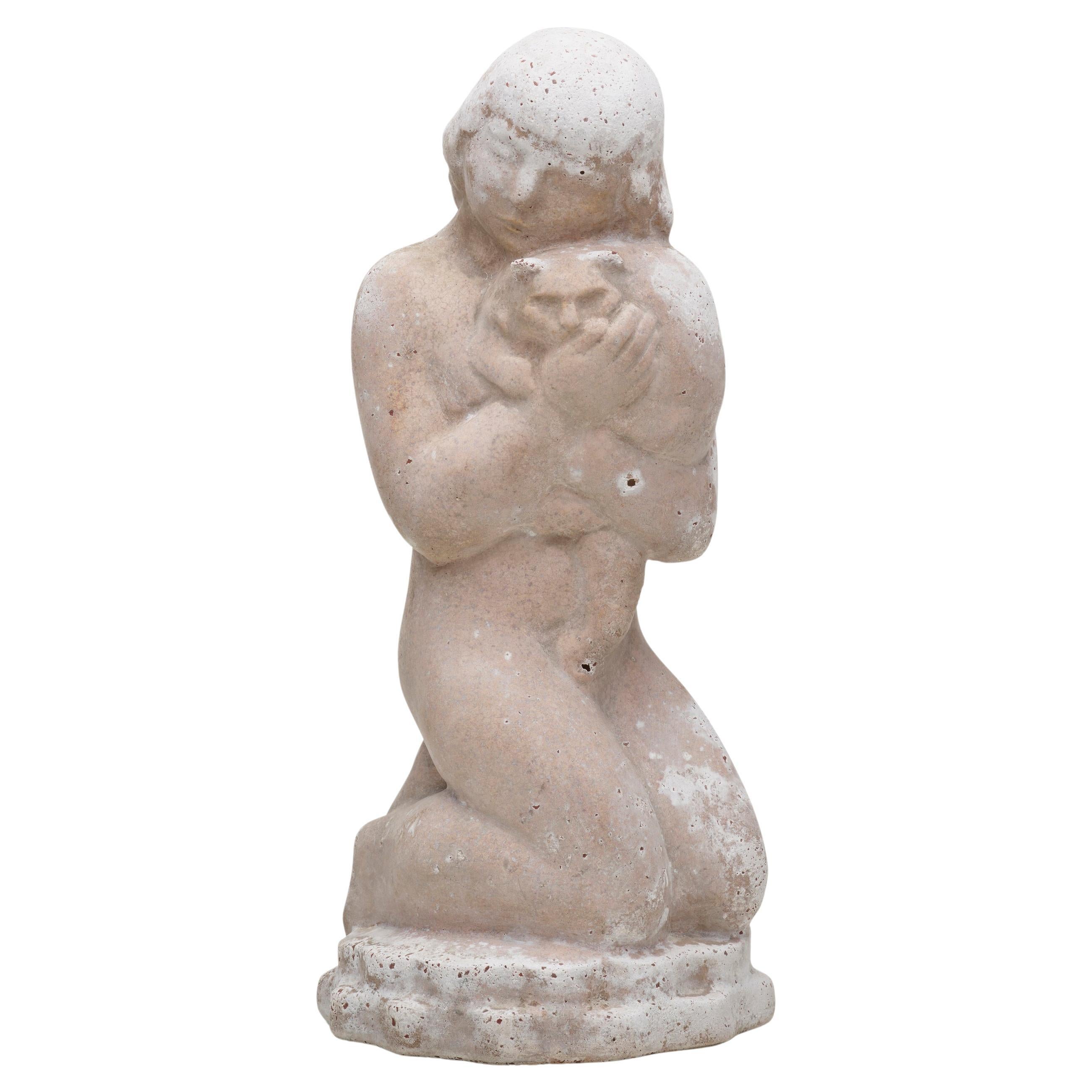 Sculpture en pierre moulée d'un nu avec chat de William Zorach