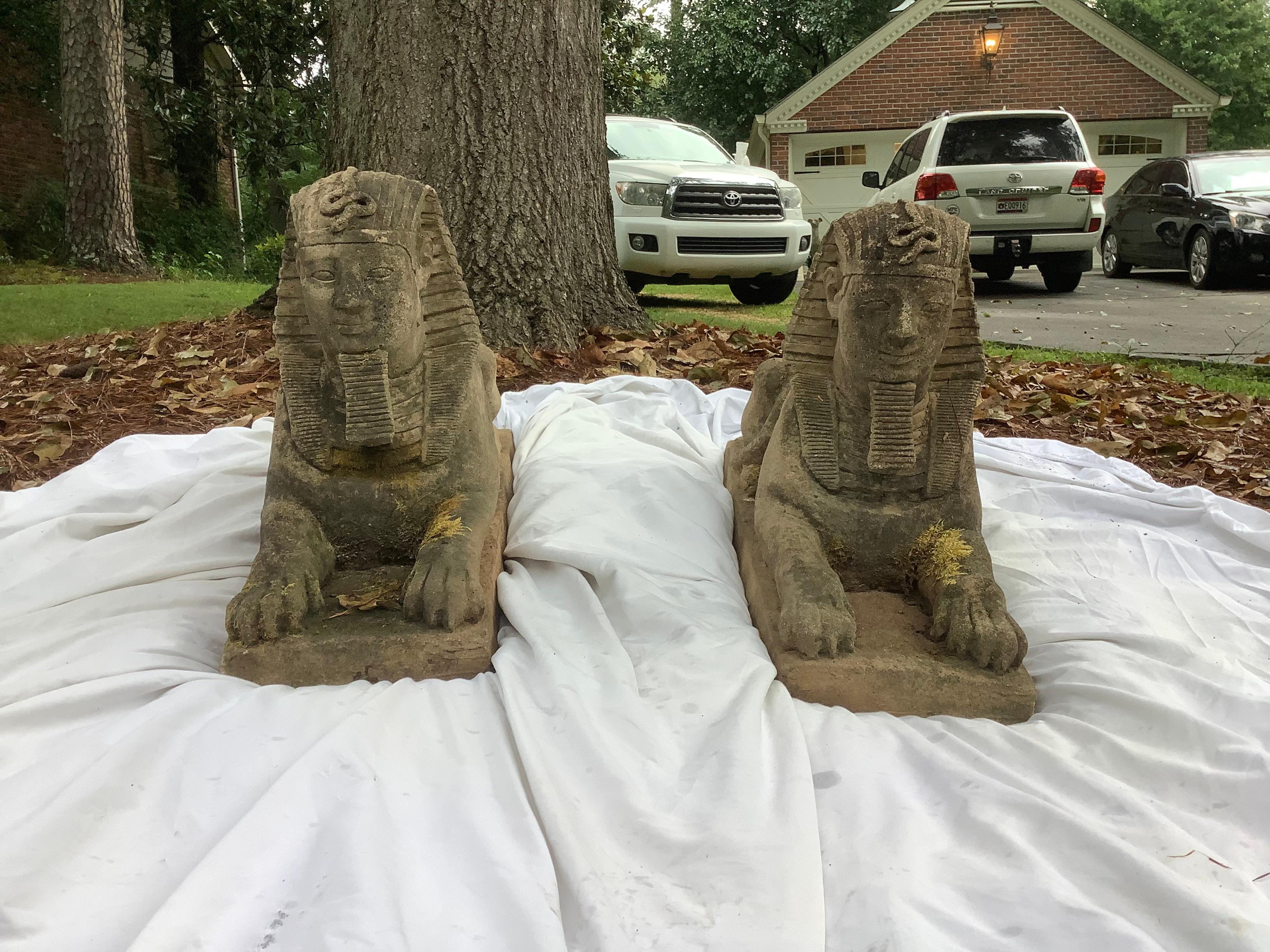 Egyptian Cast Stone Sphinx, a Pair For Sale