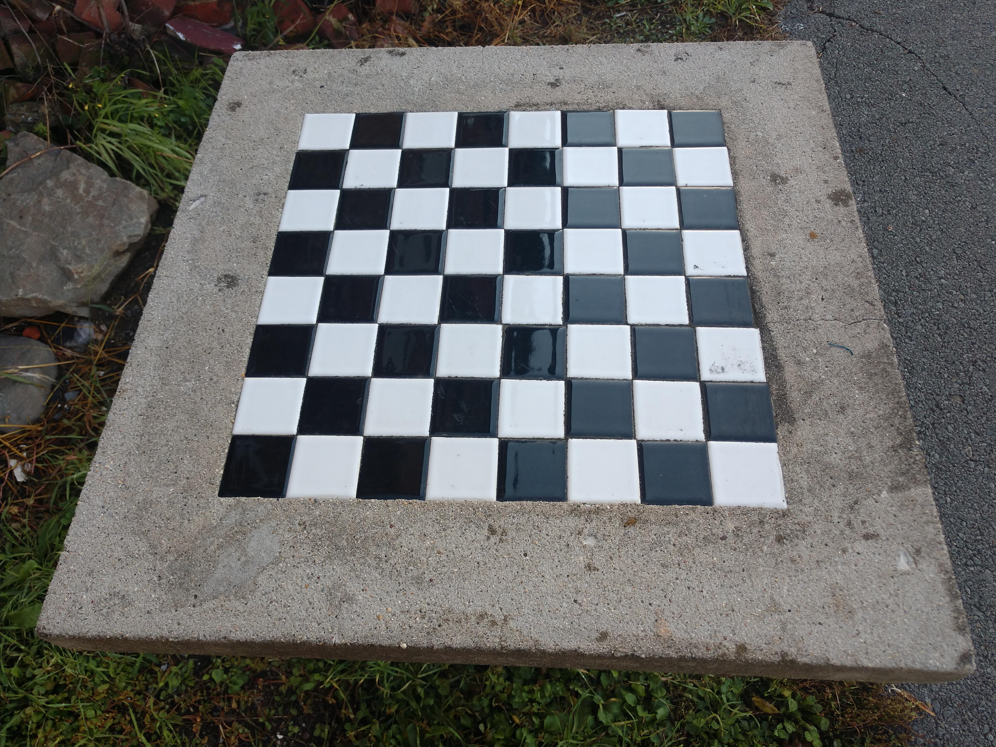 Cast Stone with Inset Ceramic Tile Outdoor  Game Table with Cast Iron Base In Good Condition In Port Jervis, NY