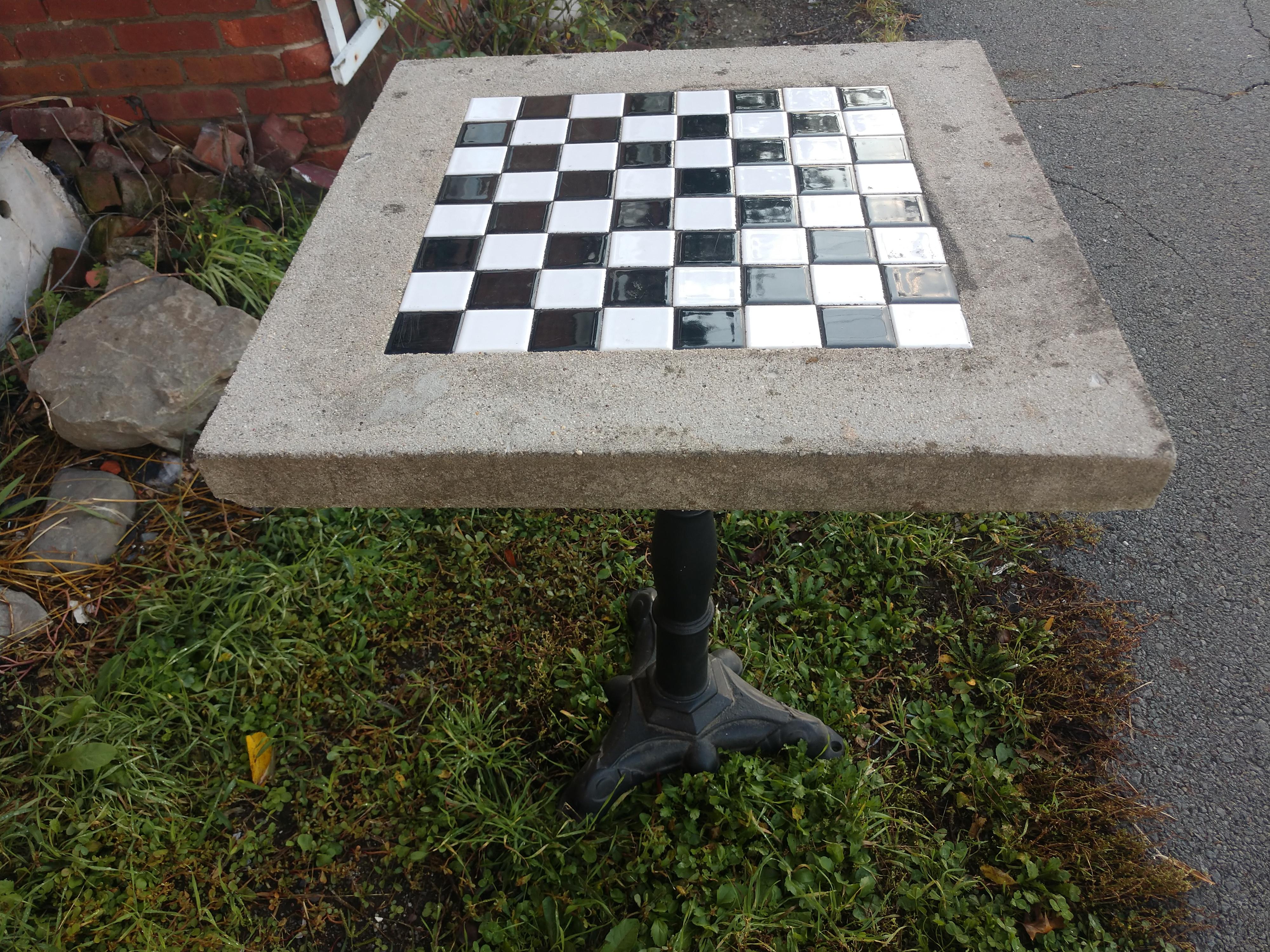 Mid-20th Century Cast Stone with Inset Ceramic Tile Outdoor  Game Table with Cast Iron Base