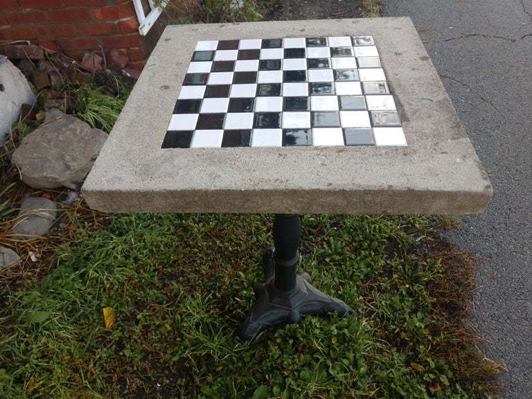 Cast Stone with Inset Ceramic Tile Outdoor  Game Table with Cast Iron Base For Sale 3