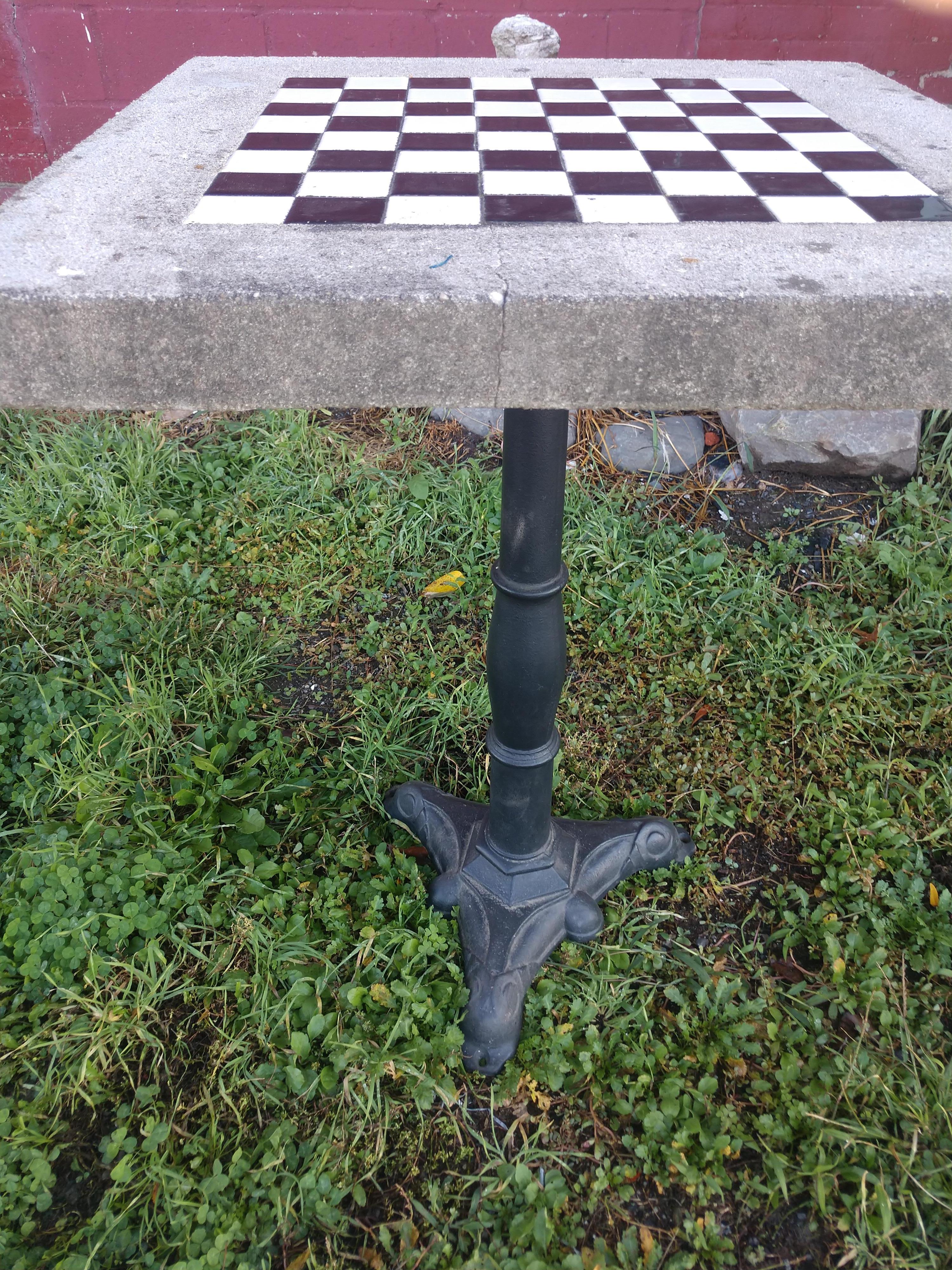 American Cast Stone with Inset Ceramic Tile Outdoor  Game Table with Cast Iron Base