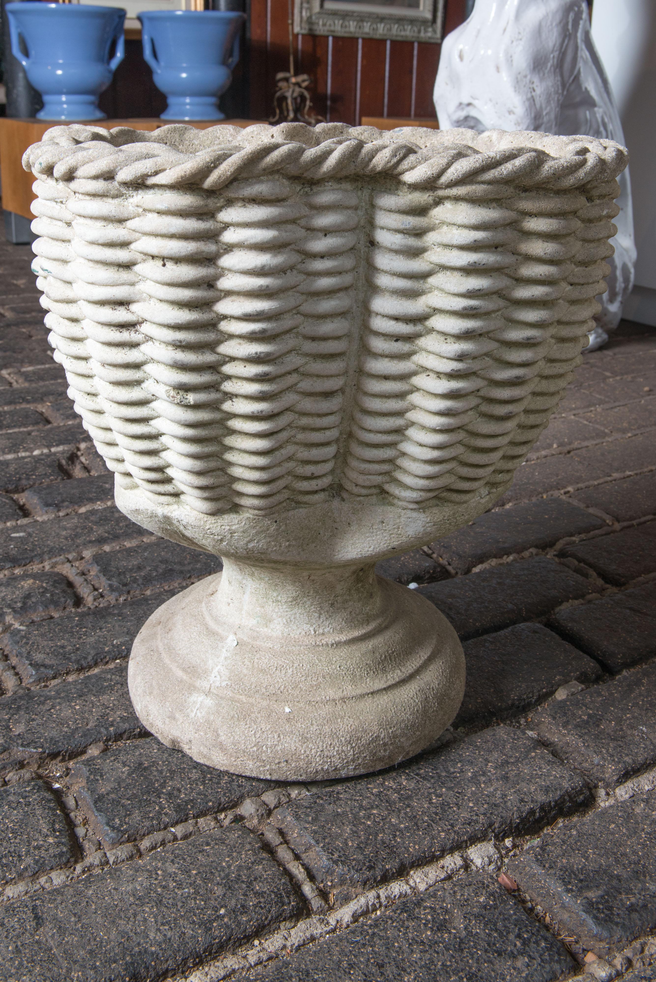 Cast Stone Woven Basket Style Planter In Good Condition In Stamford, CT