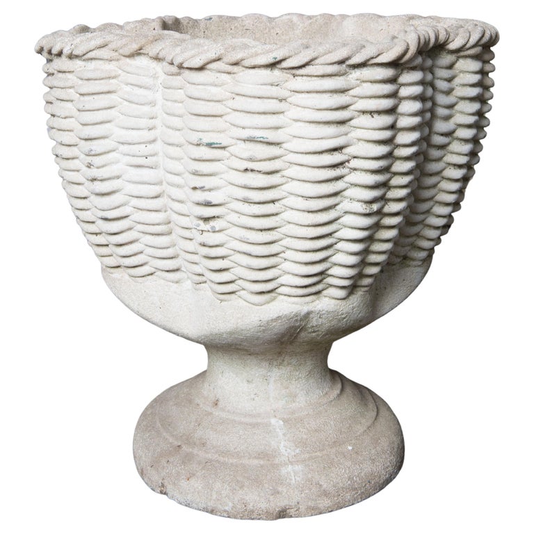 Cast Stone Woven Basket Style Planter For Sale