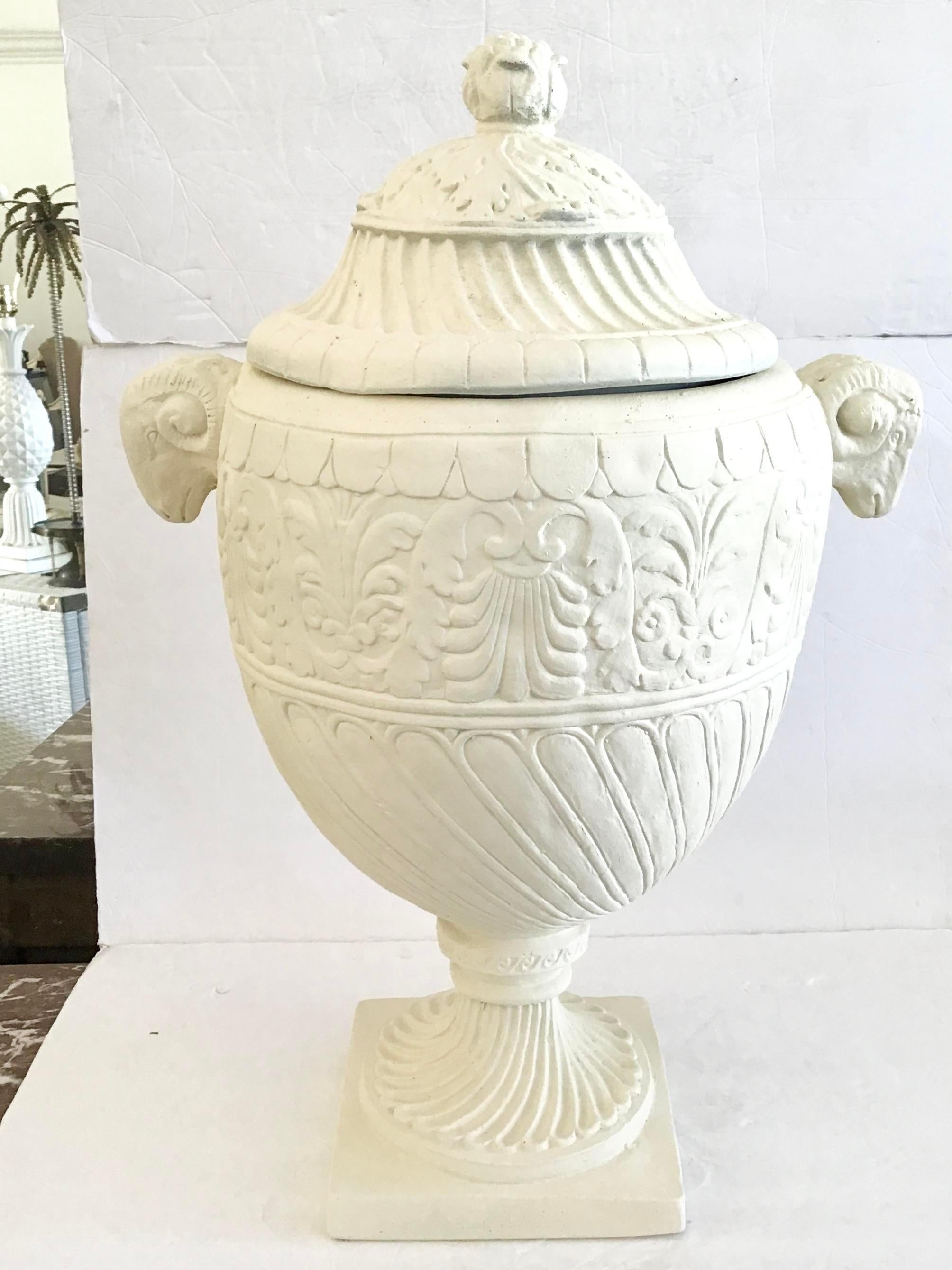 Urn with removable cover top made of cast terra cotta. Add this Classical style to your garden decoration. Newly restored and painted. We have two available!