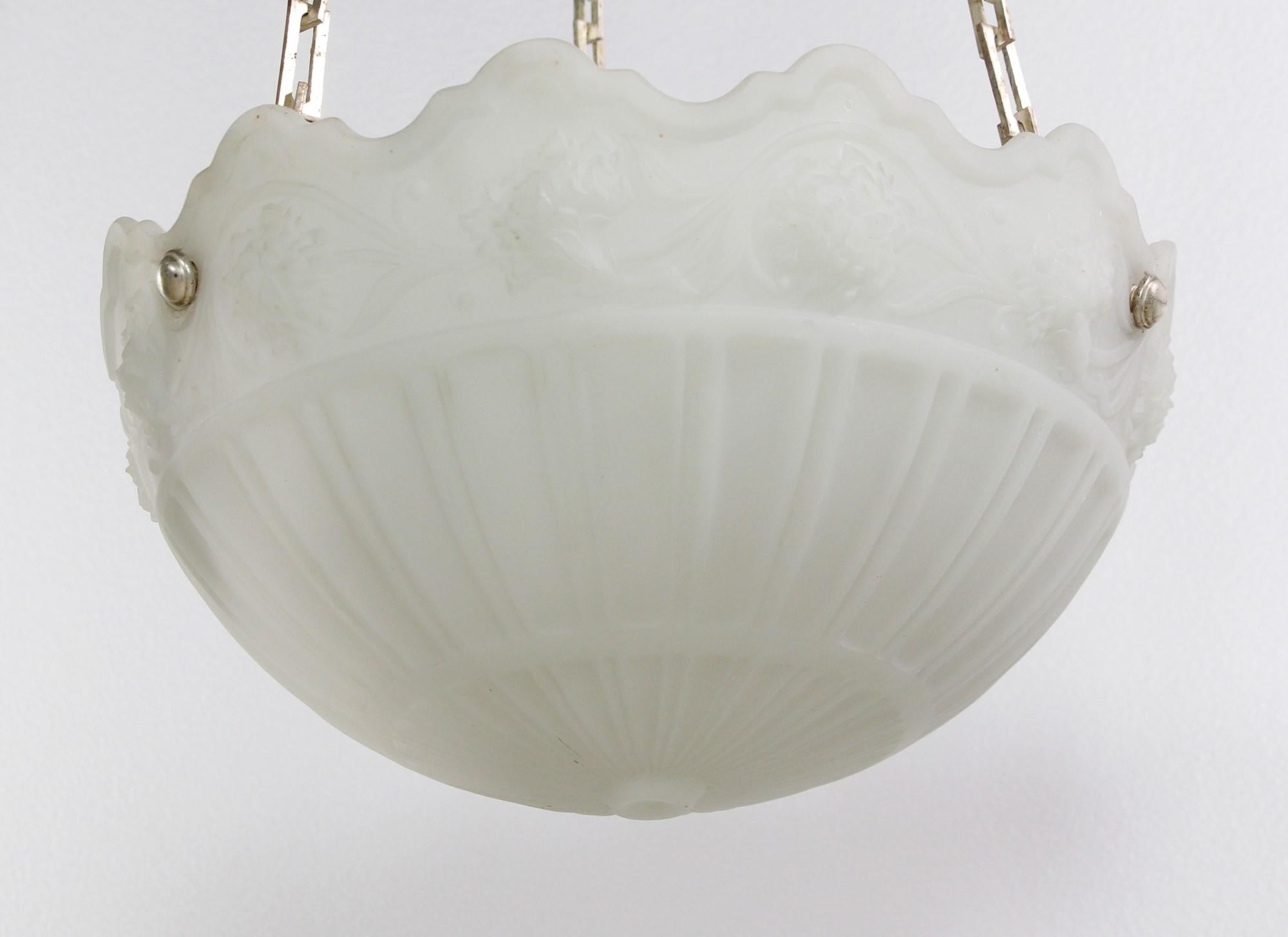 20th Century Cast White Glass Dish Pendant Light w Silver Plated Chain For Sale