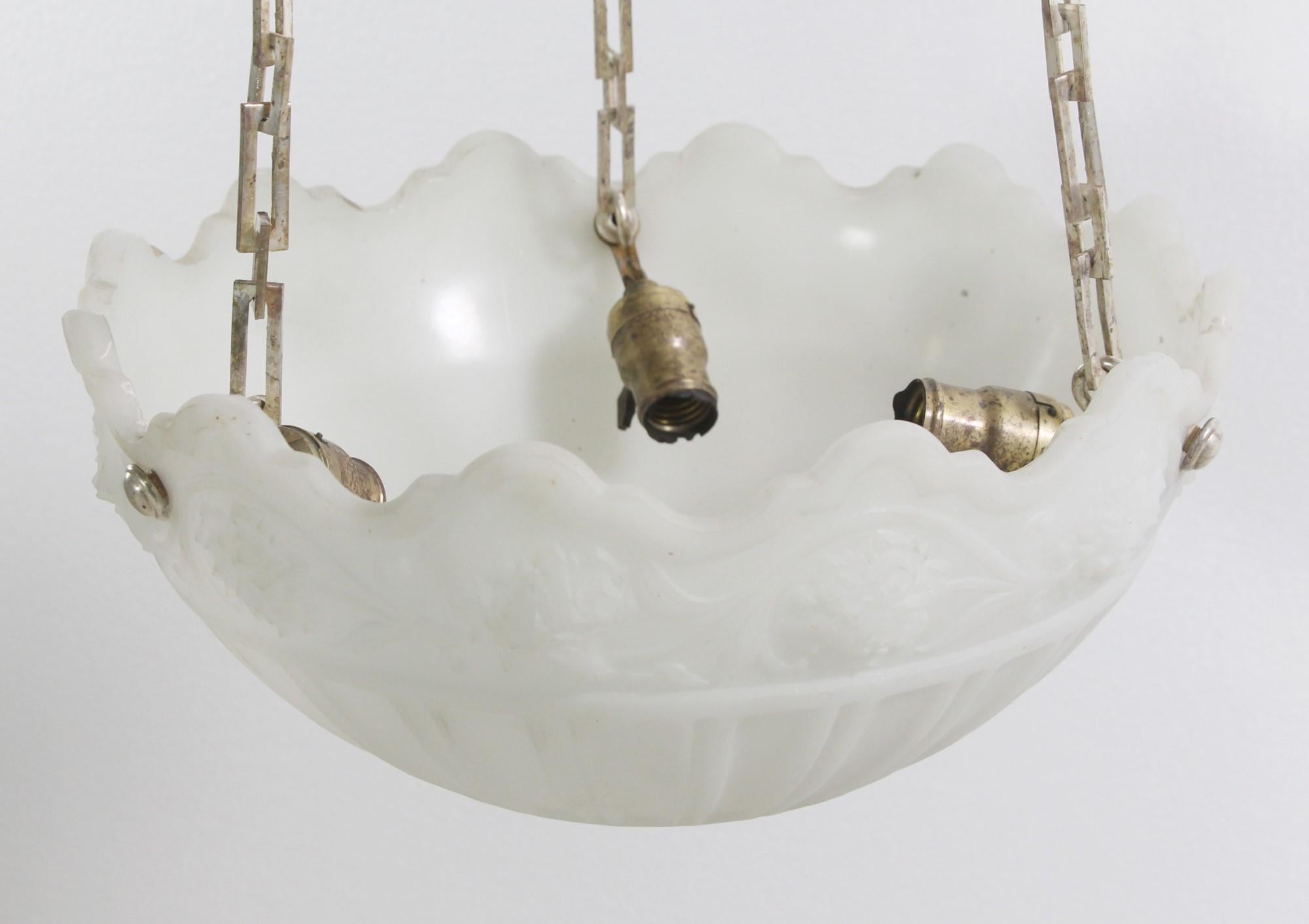Cast White Glass Dish Pendant Light w Silver Plated Chain For Sale 1