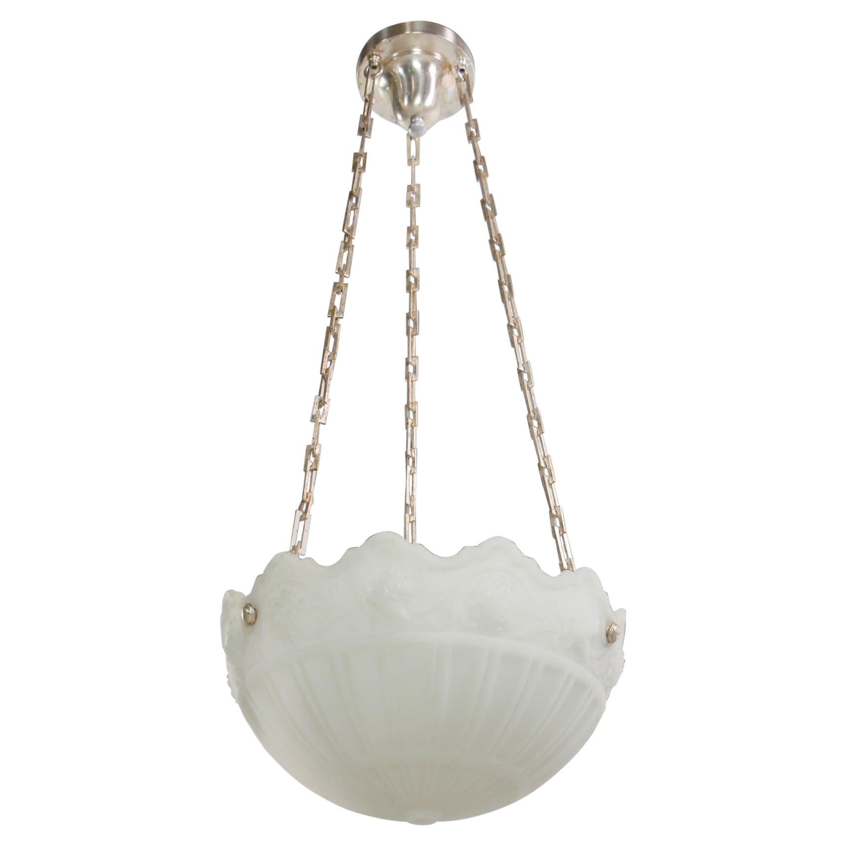 Cast White Glass Dish Pendant Light w Silver Plated Chain