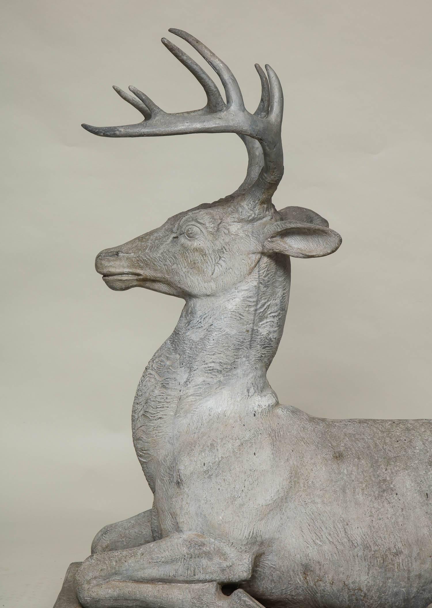 Fine late 19th-early 20th century cast zinc recumbent stag on plinth base, having excellent weathered surface. Probably by J. W. Fiske and Co, but unsigned.

 