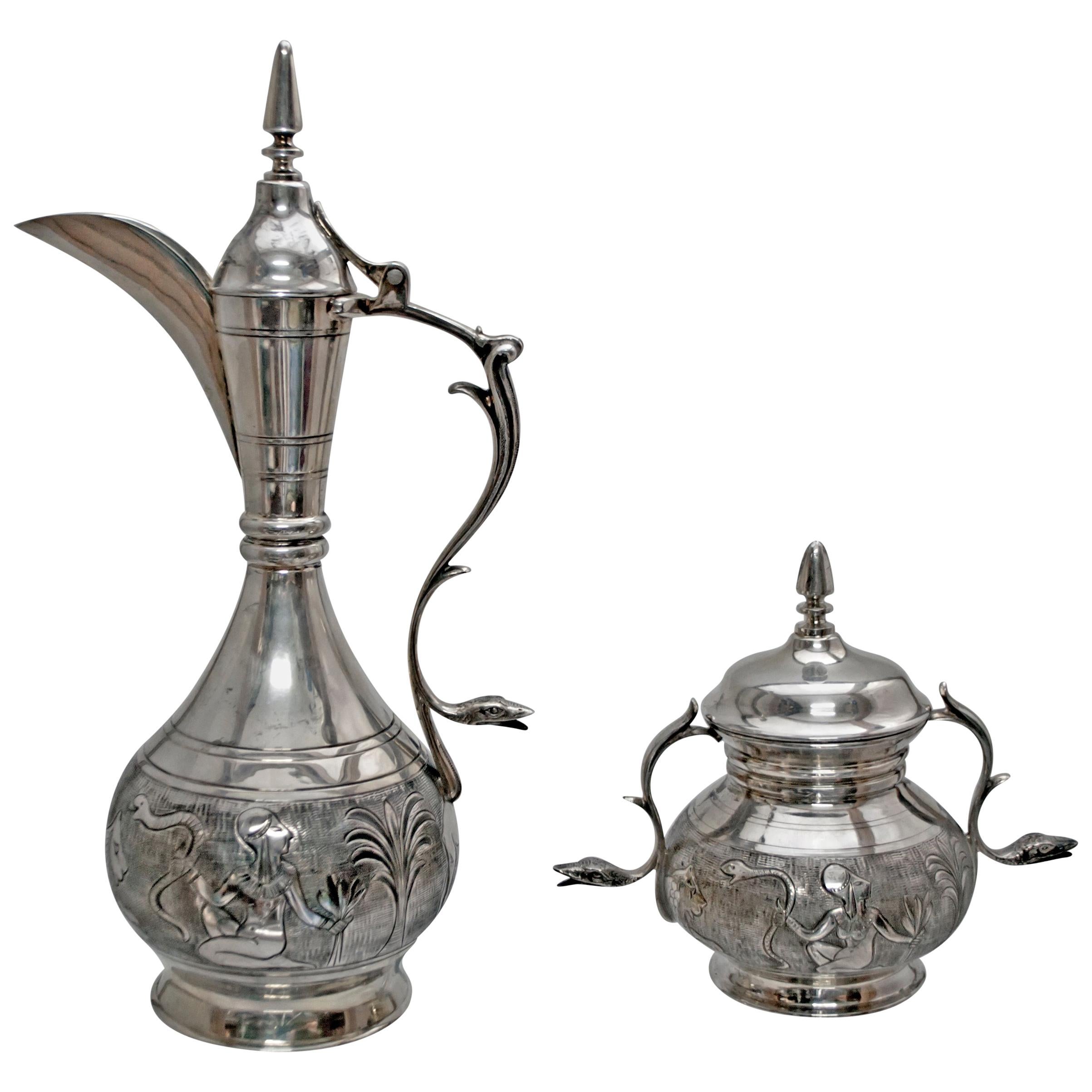 Castaudi 
Gautero Imperial Silver Italian Tea Set with Egyptian Details, 1940s