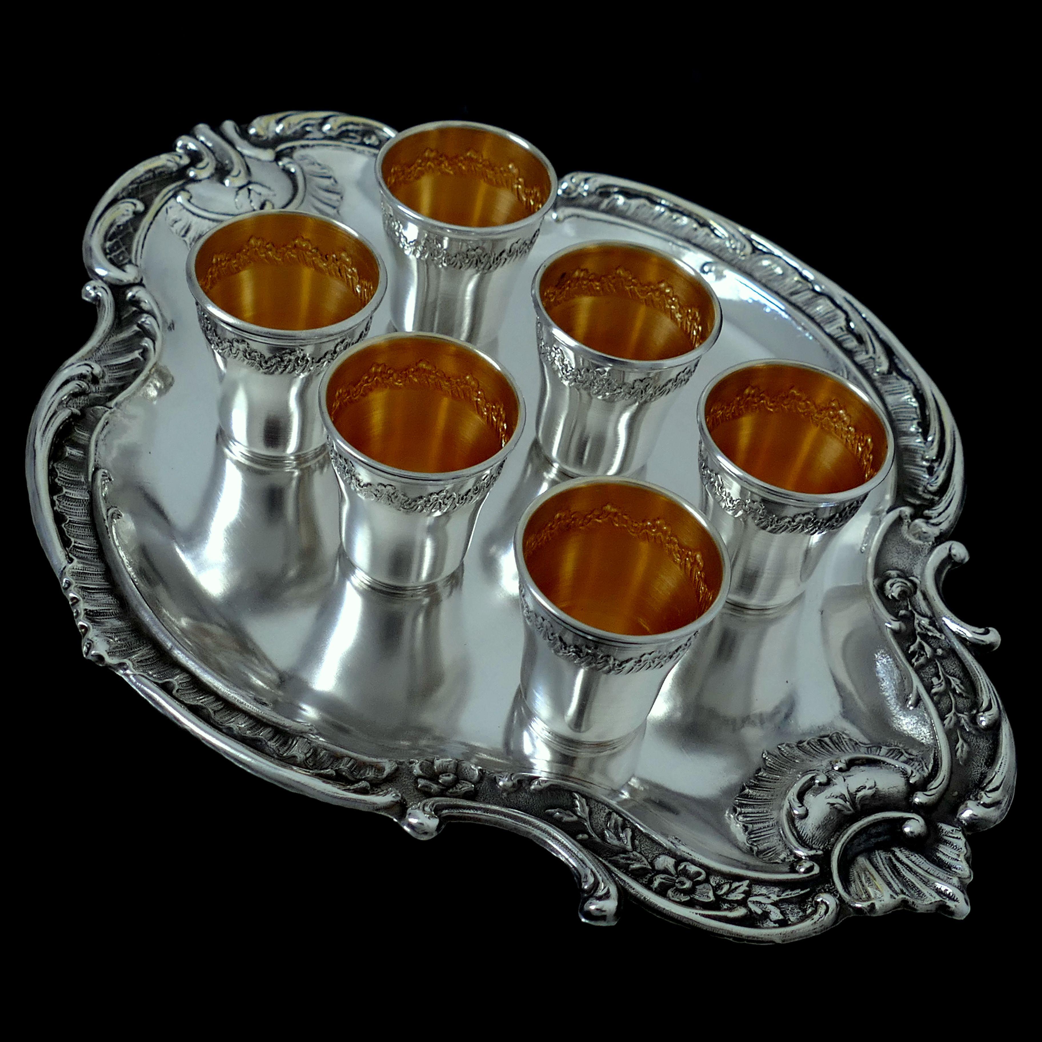 Early 20th Century Castel French Silver Liquor or Aperitif Service 8 Pc with Original Box For Sale