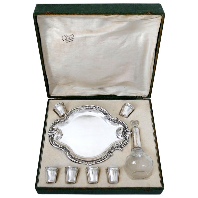 Castel French Silver Liquor or Aperitif Service 8 Pc with Original Box For Sale