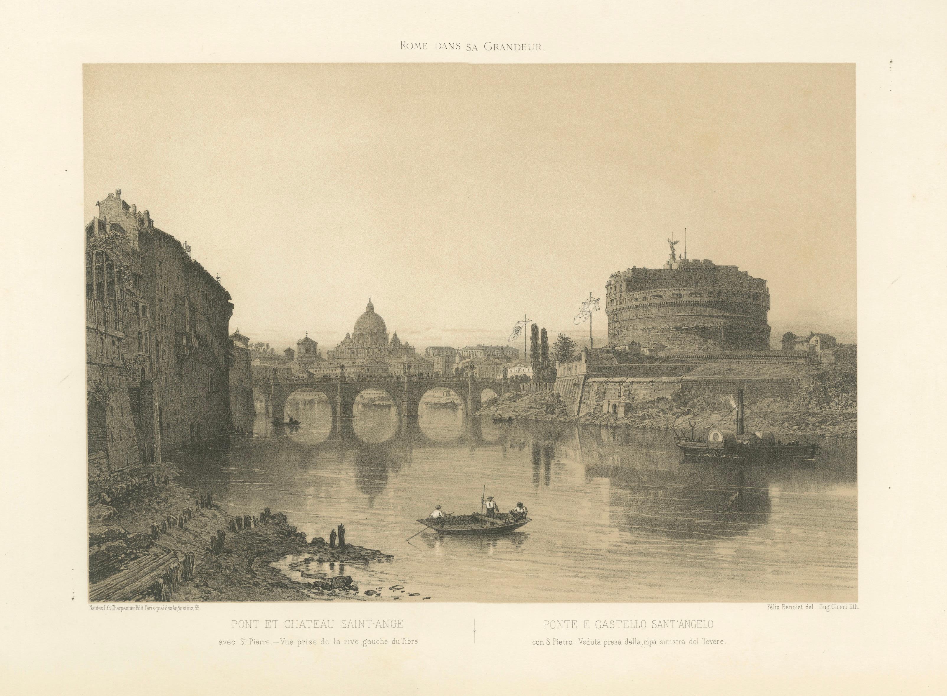 Castel Sant’Angelo and St Peter’s from the Tiber, Rome – Benoist 1869 Lithograph