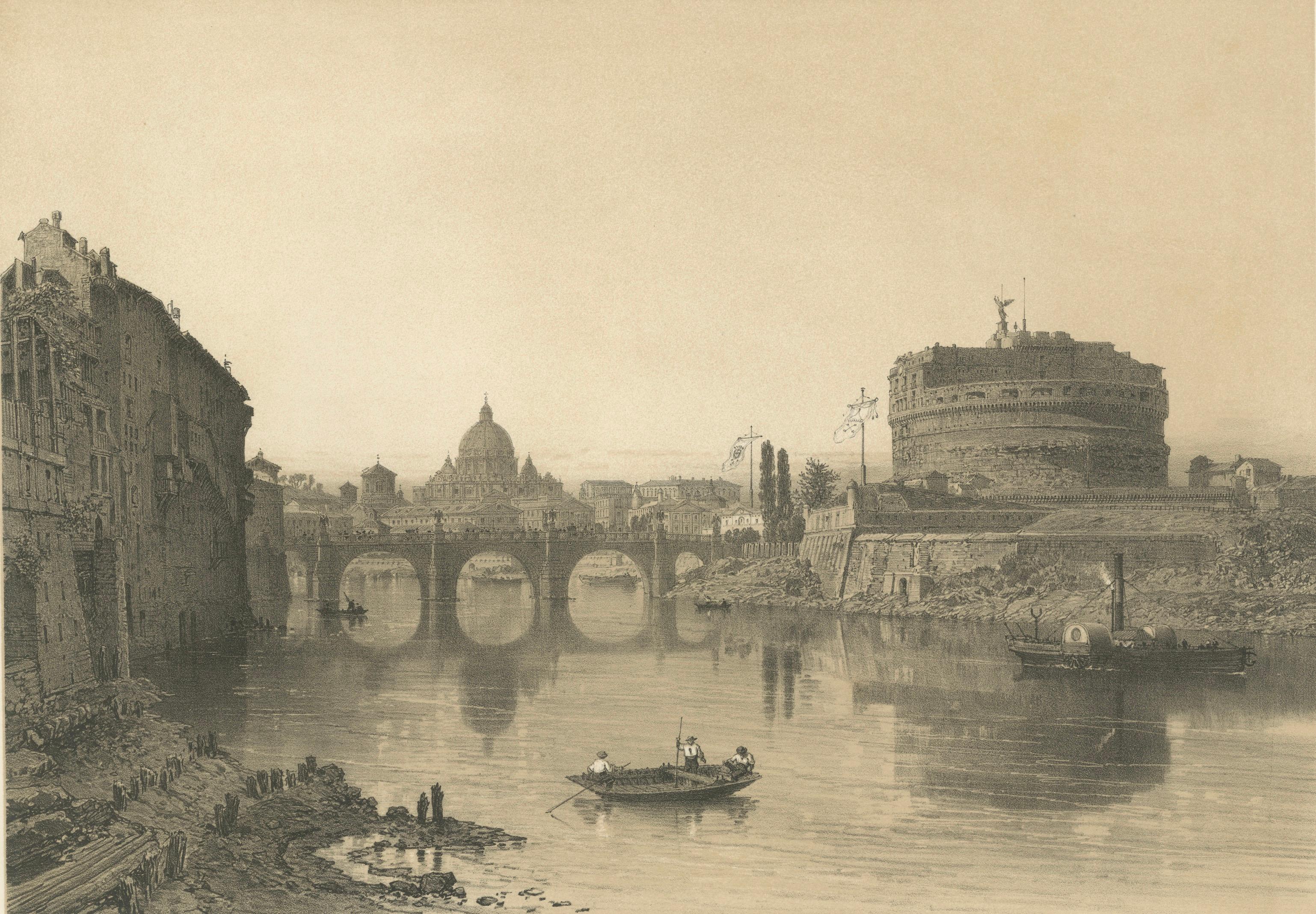 Castel Sant’Angelo and St Peter’s from the Tiber, Rome – Benoist 1869 Lithograph