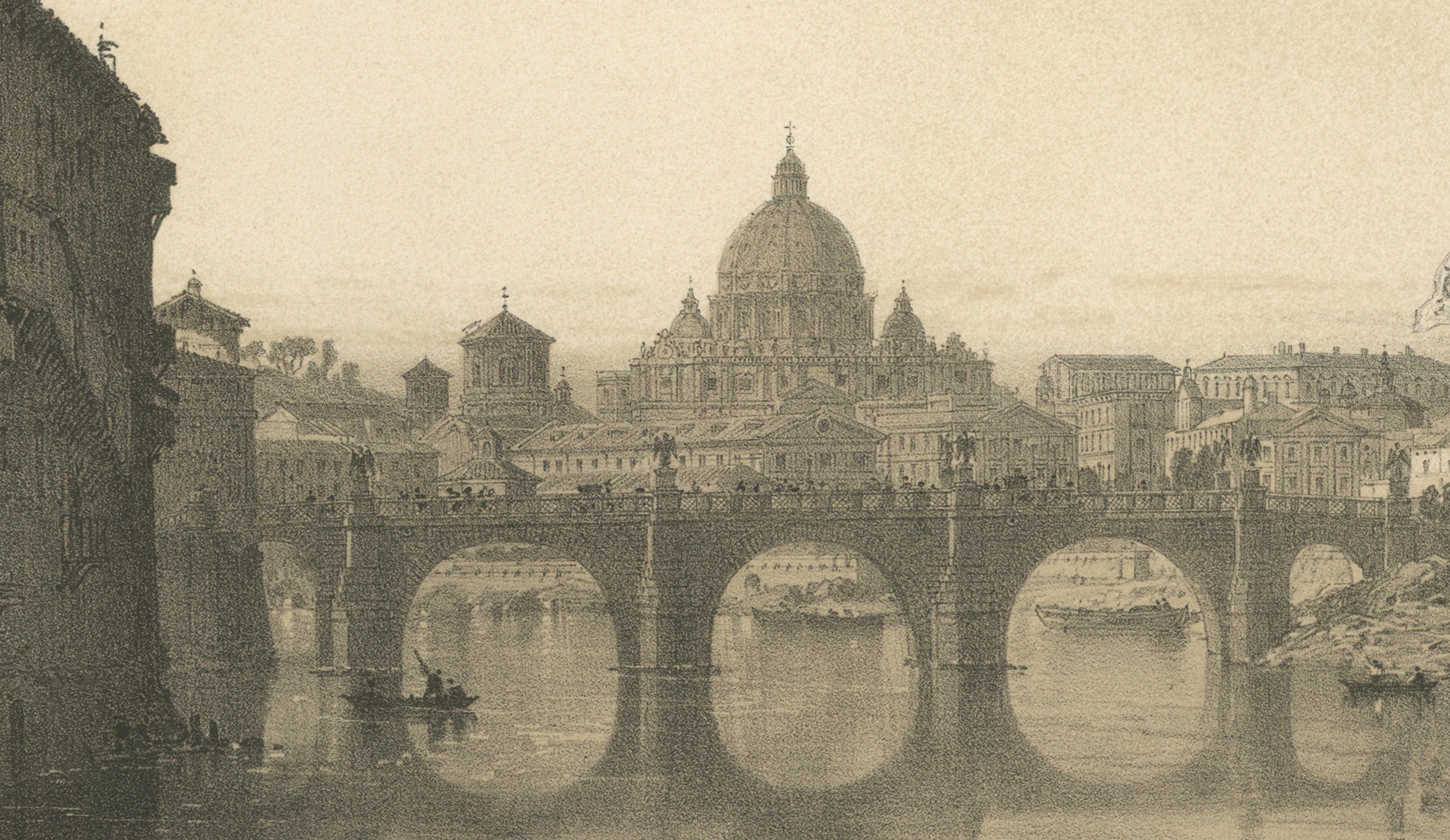 Castel Sant’Angelo and St Peter’s from the Tiber, Rome – Benoist 1869 Lithograph