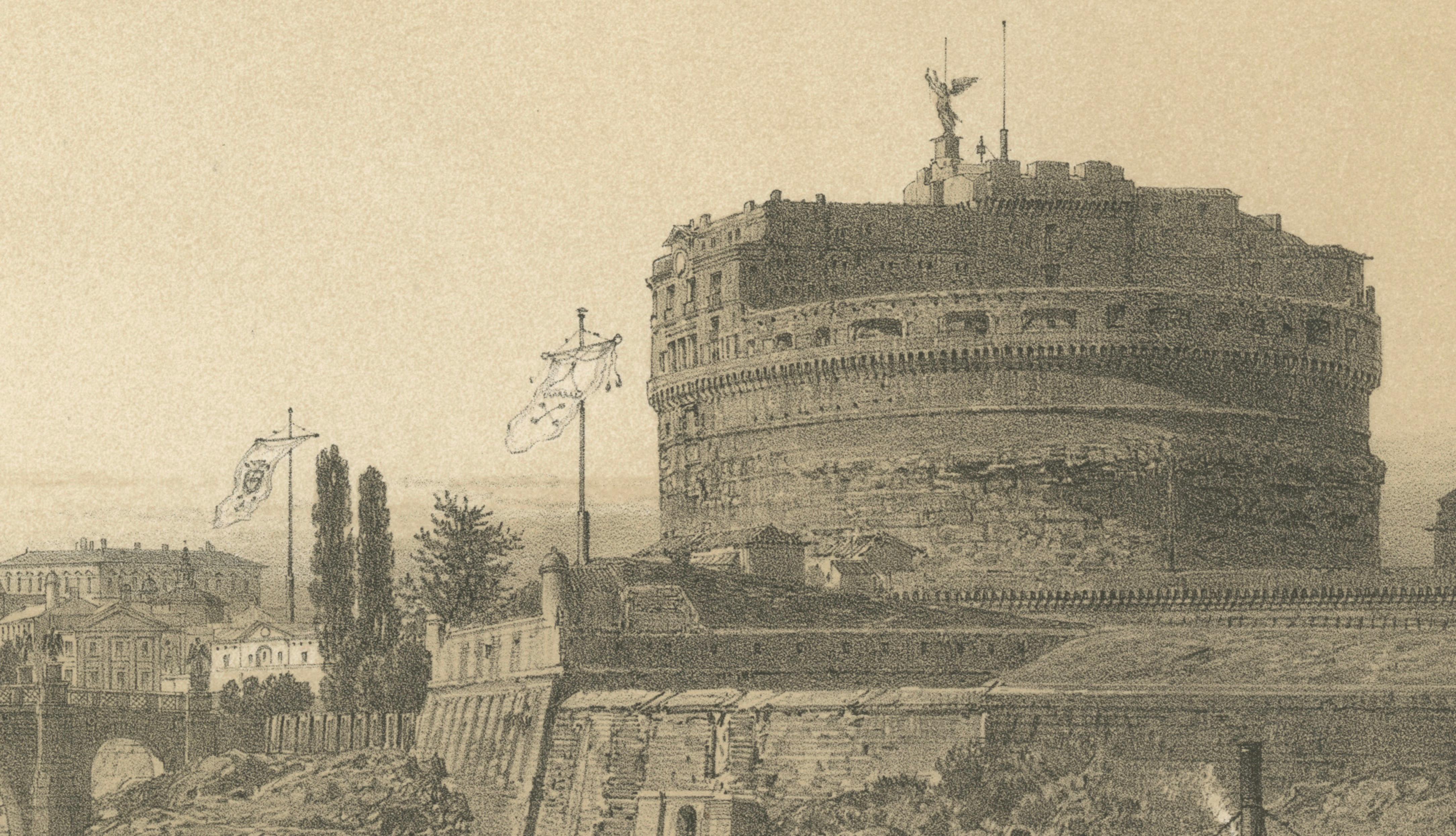 Castel Sant’Angelo and St Peter’s from the Tiber, Rome – Benoist 1869 Lithograph