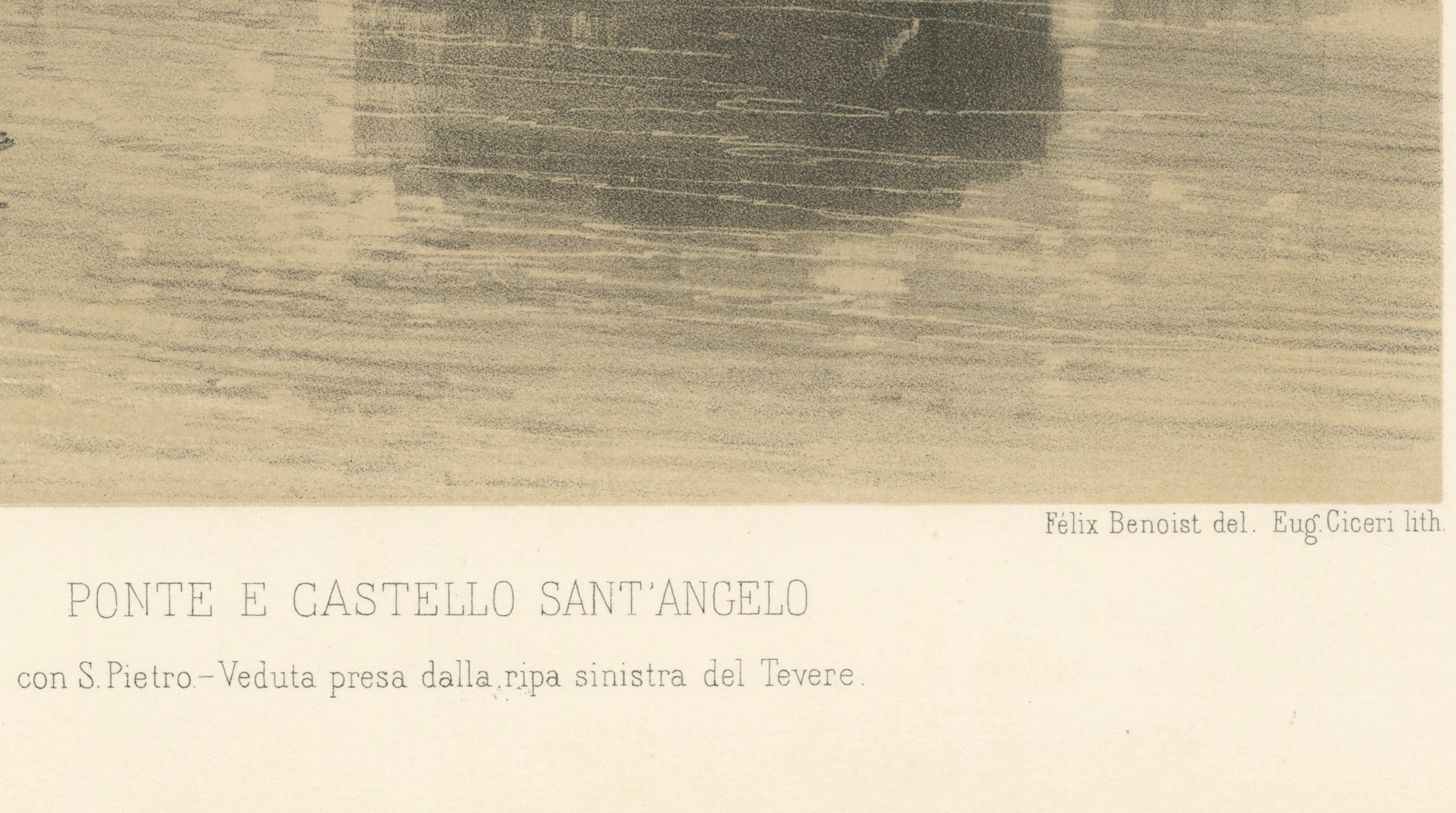 Castel Sant’Angelo and St Peter’s from the Tiber, Rome – Benoist 1869 Lithograph