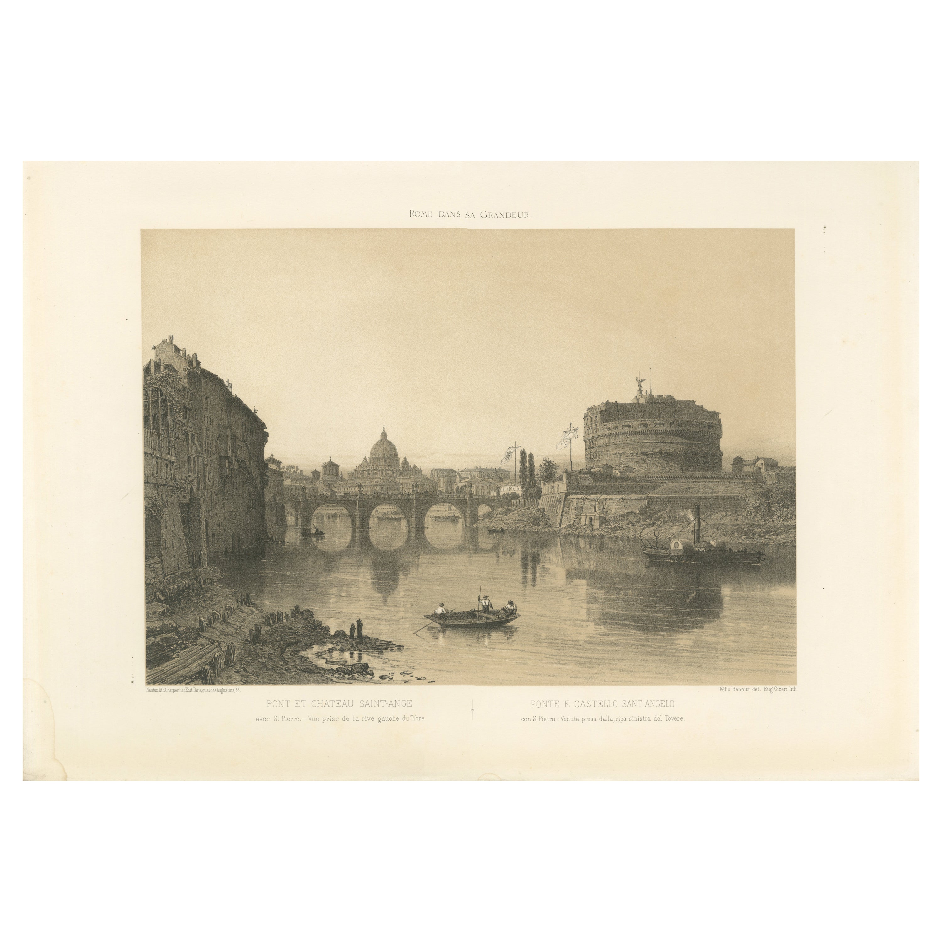 Castel Sant’Angelo and St Peter’s from the Tiber, Rome – Benoist 1869 Lithograph