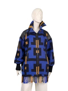 Castelbajac Graphic Logo Print Wool & Leather Oversized Coat with Fringing Detai
