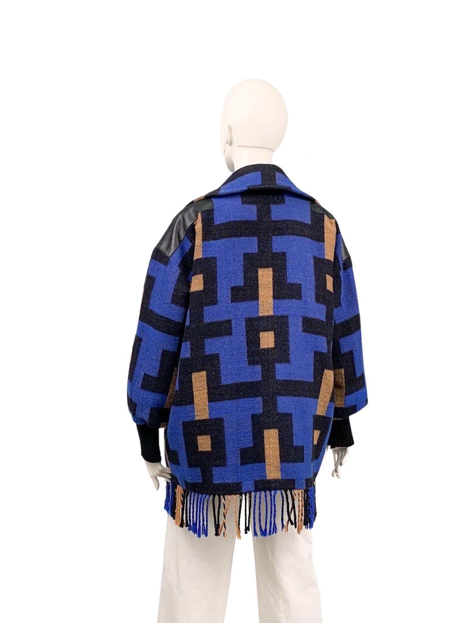 Castelbajac Graphic Logo Print Wool & Leather Oversized Coat with Fringing Detai In Excellent Condition In TARRAGONA, ES