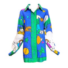 Camicia con bottoni dipinta a mano in seta di Castelbajac KO and Co, RARA, anni '90