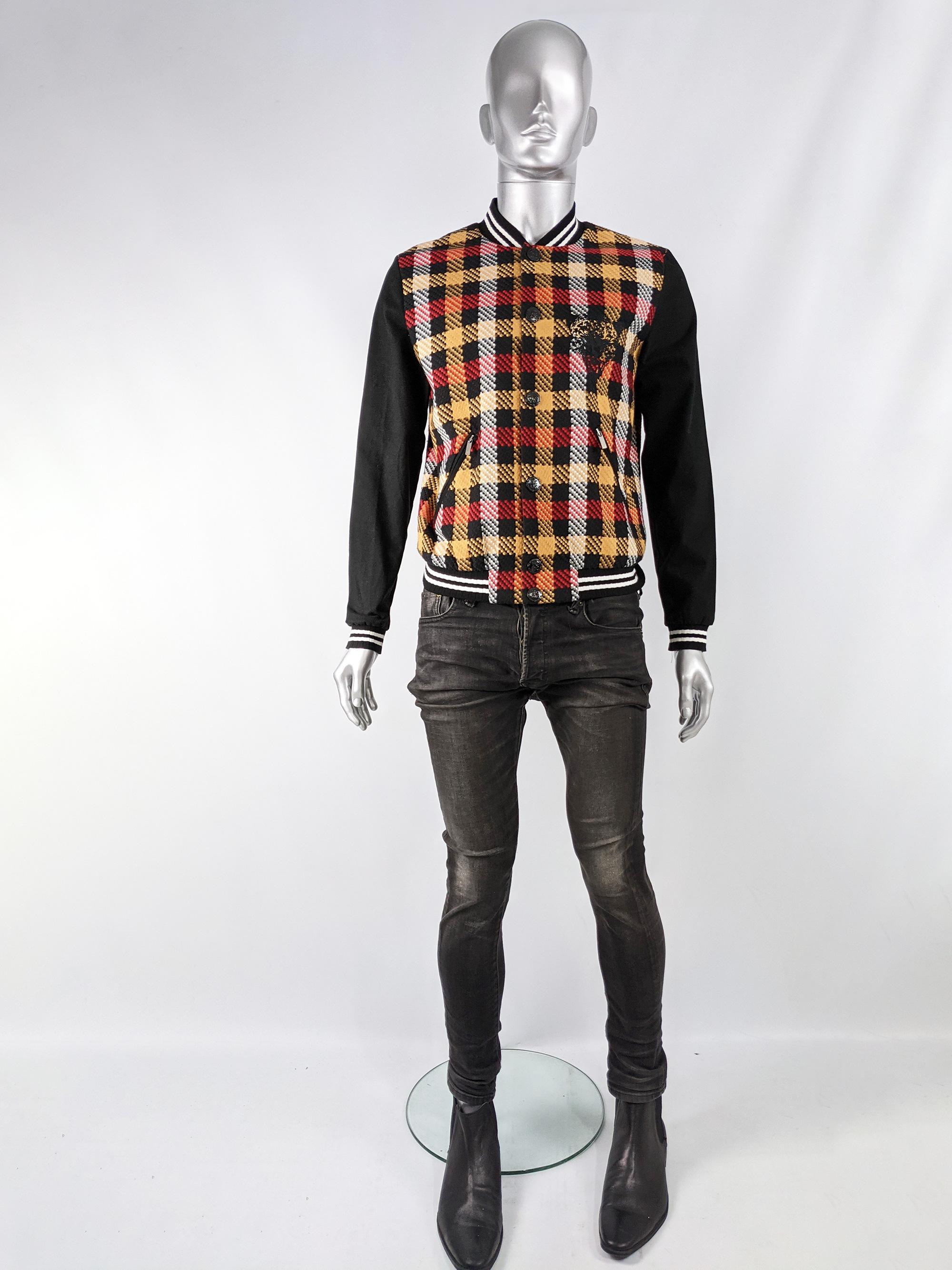 A stylish vintage mens bomber jacket from the 2000s by JC de Castelbajac. In a black fabric with a red and yellow check and a leopard embroidered on the chest.   

Size: Marked EU 48 which equates to a Mens Medium / UK 38