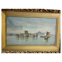 Castellamare, Bahía de Nápoles, cuadro antiguo al óleo de 10,5 x 19