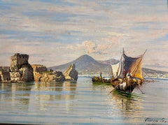 Castellamare, Bahía de Nápoles, cuadro antiguo al óleo de 10,5 x 19
